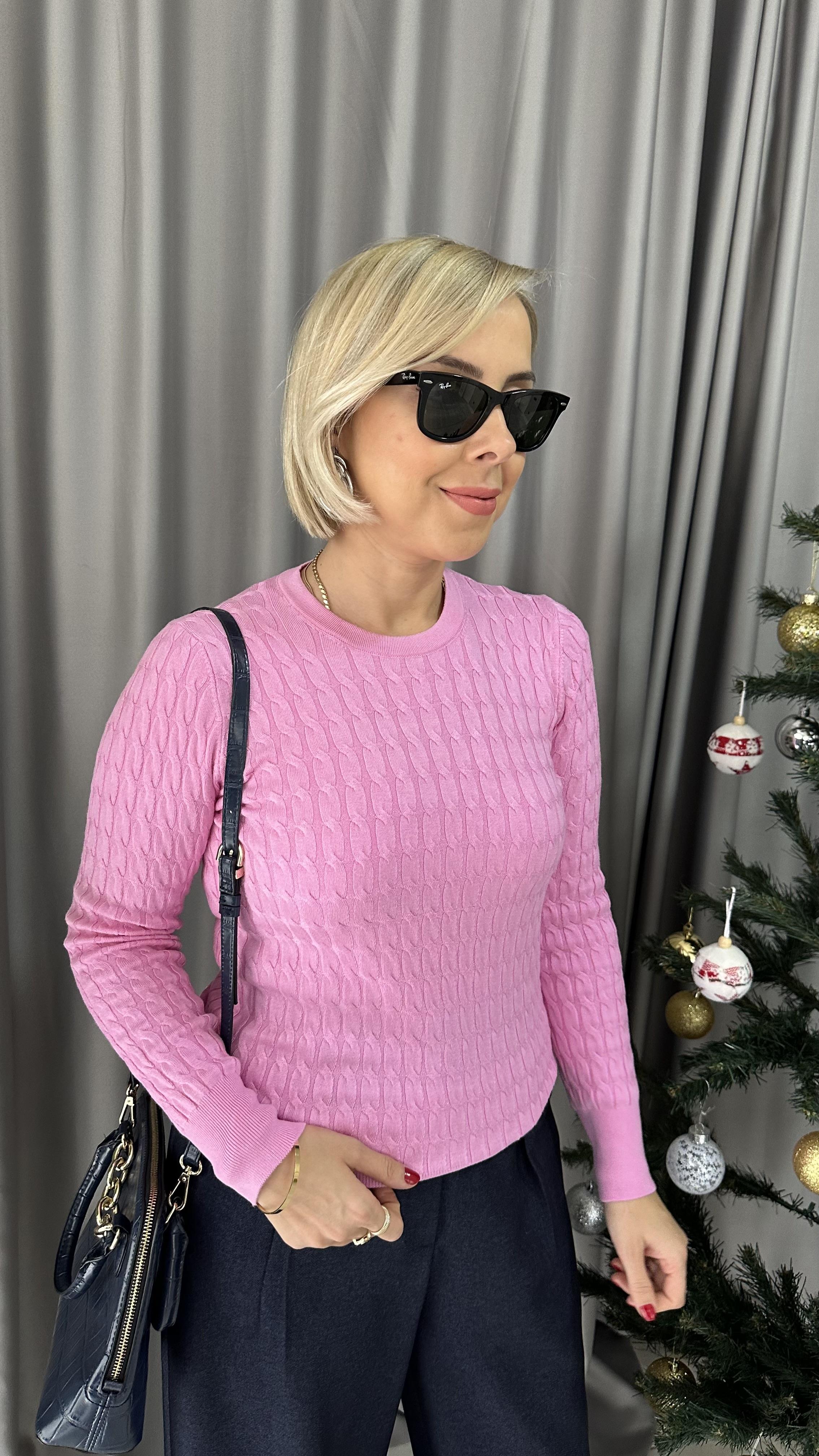 BİSİKLET YAKA SAÇ ÖRGÜLÜ PEMBE KAZAK