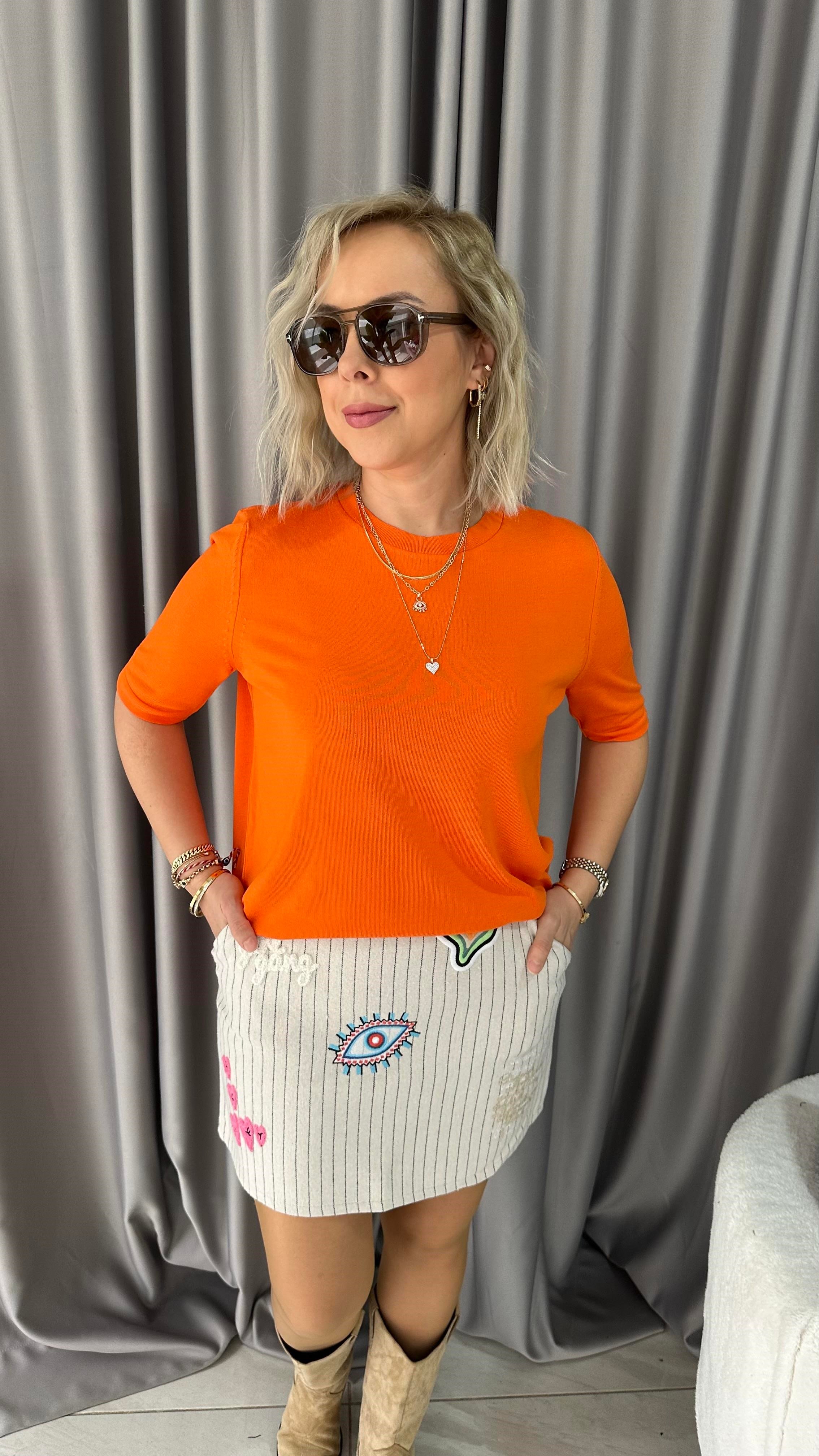 Bisiklet Yaka İpek Dokuda Orange Triko