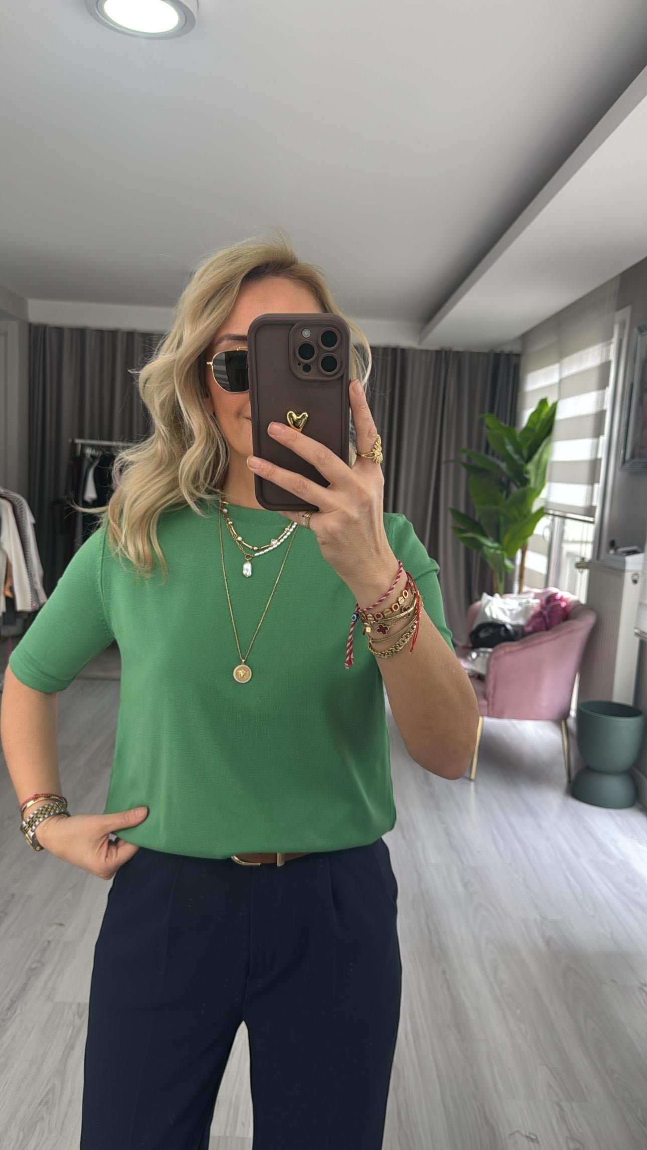 Bisiklet Yaka İpek Dokuda Yeşil Triko