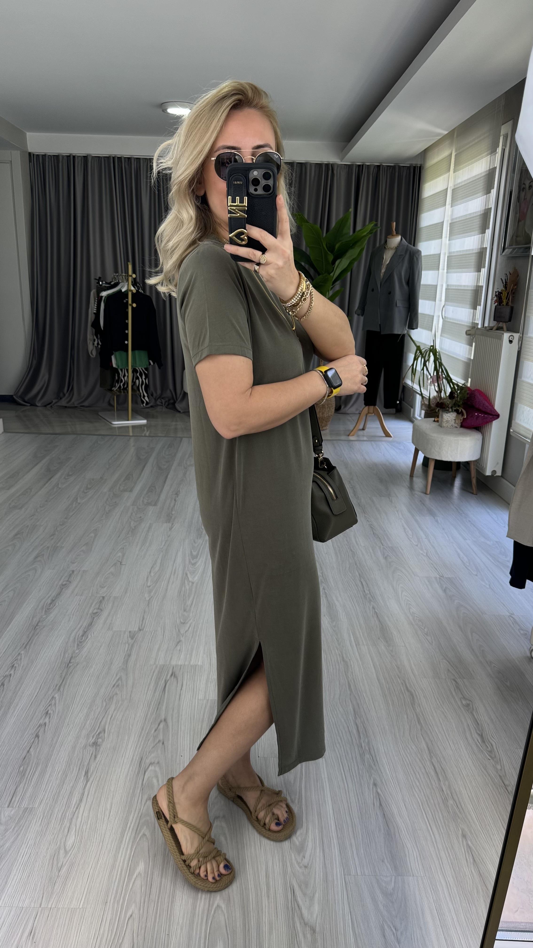 BİSİKLET YAKA YANLARI YIRTMAÇLI MODAL KUMAŞ HAKİ ELBİSE