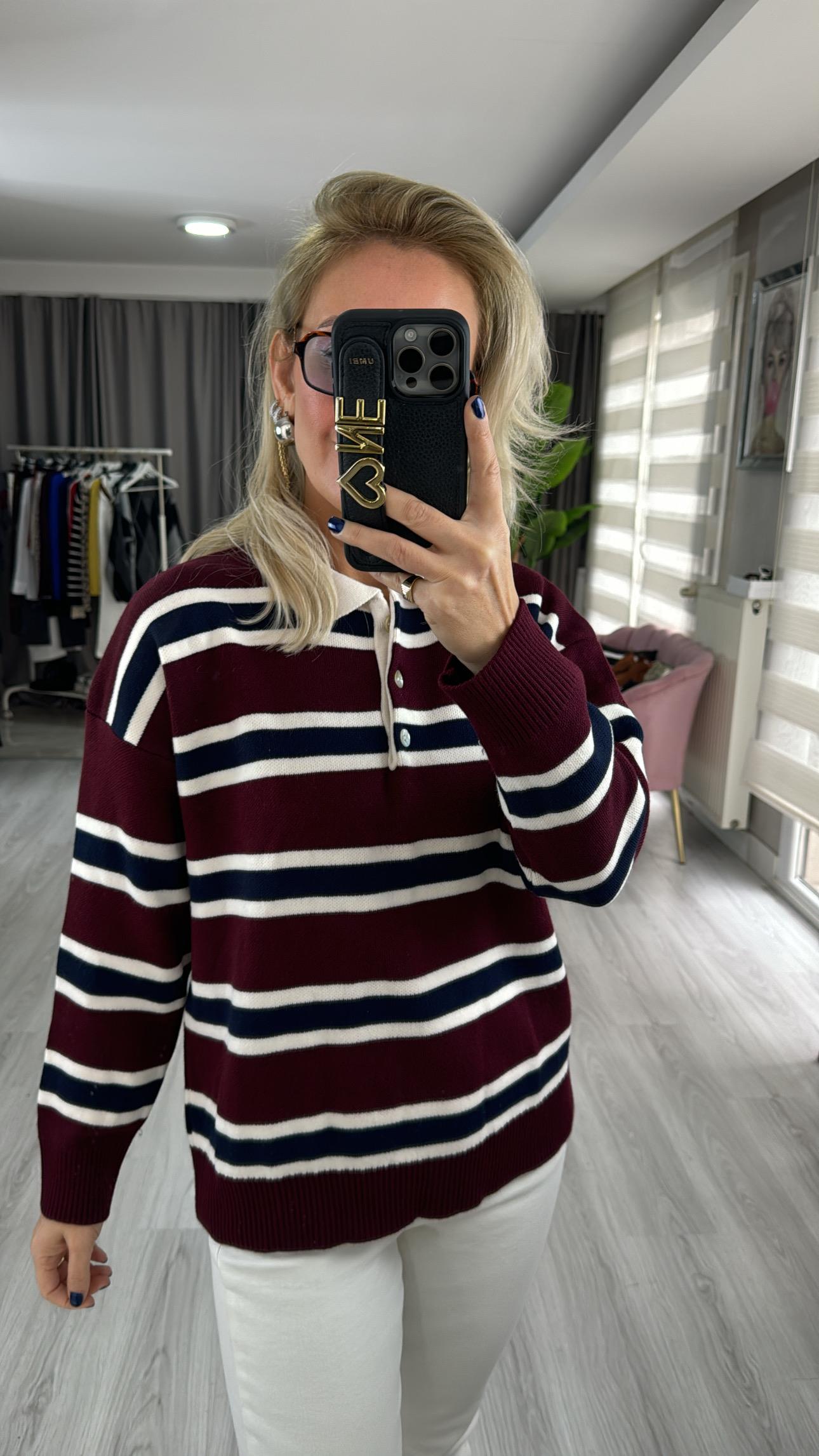 Bordo Lacivert Çizgili Polo Yaka Triko