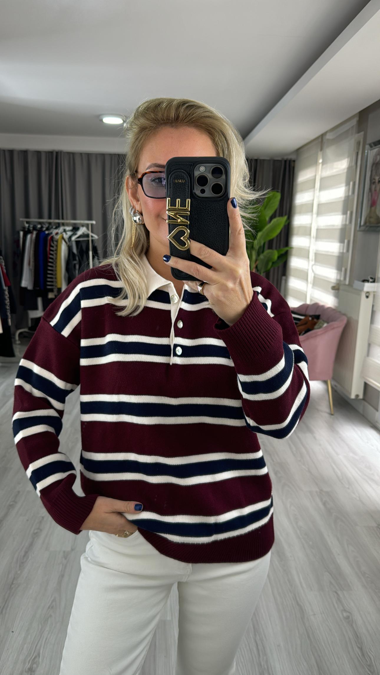 Bordo Lacivert Çizgili Polo Yaka Triko