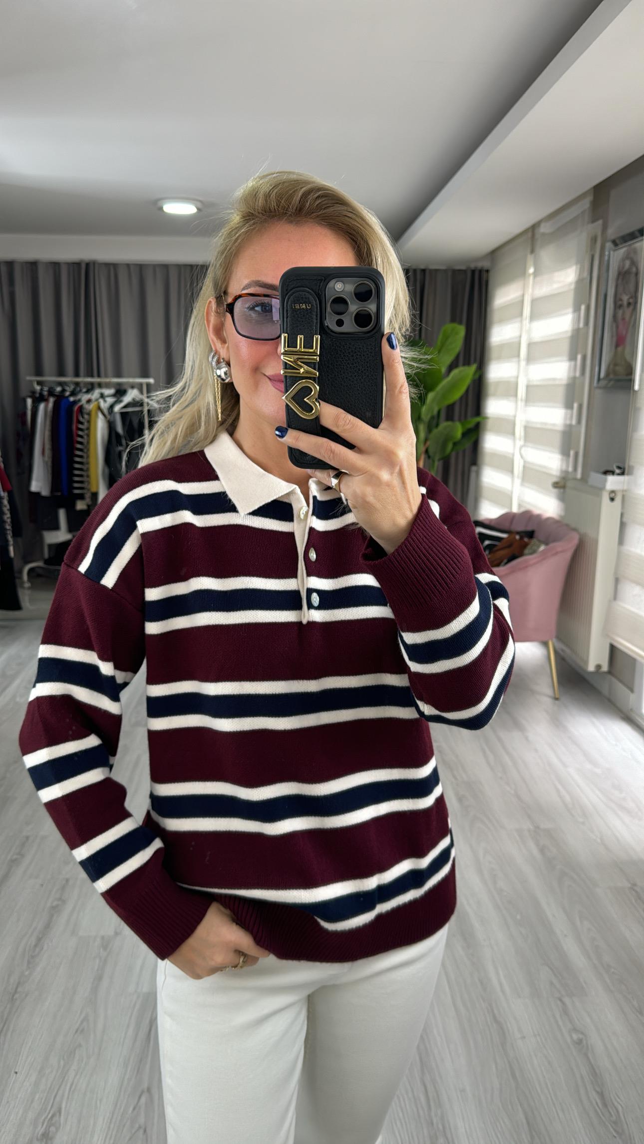 Bordo Lacivert Çizgili Polo Yaka Triko