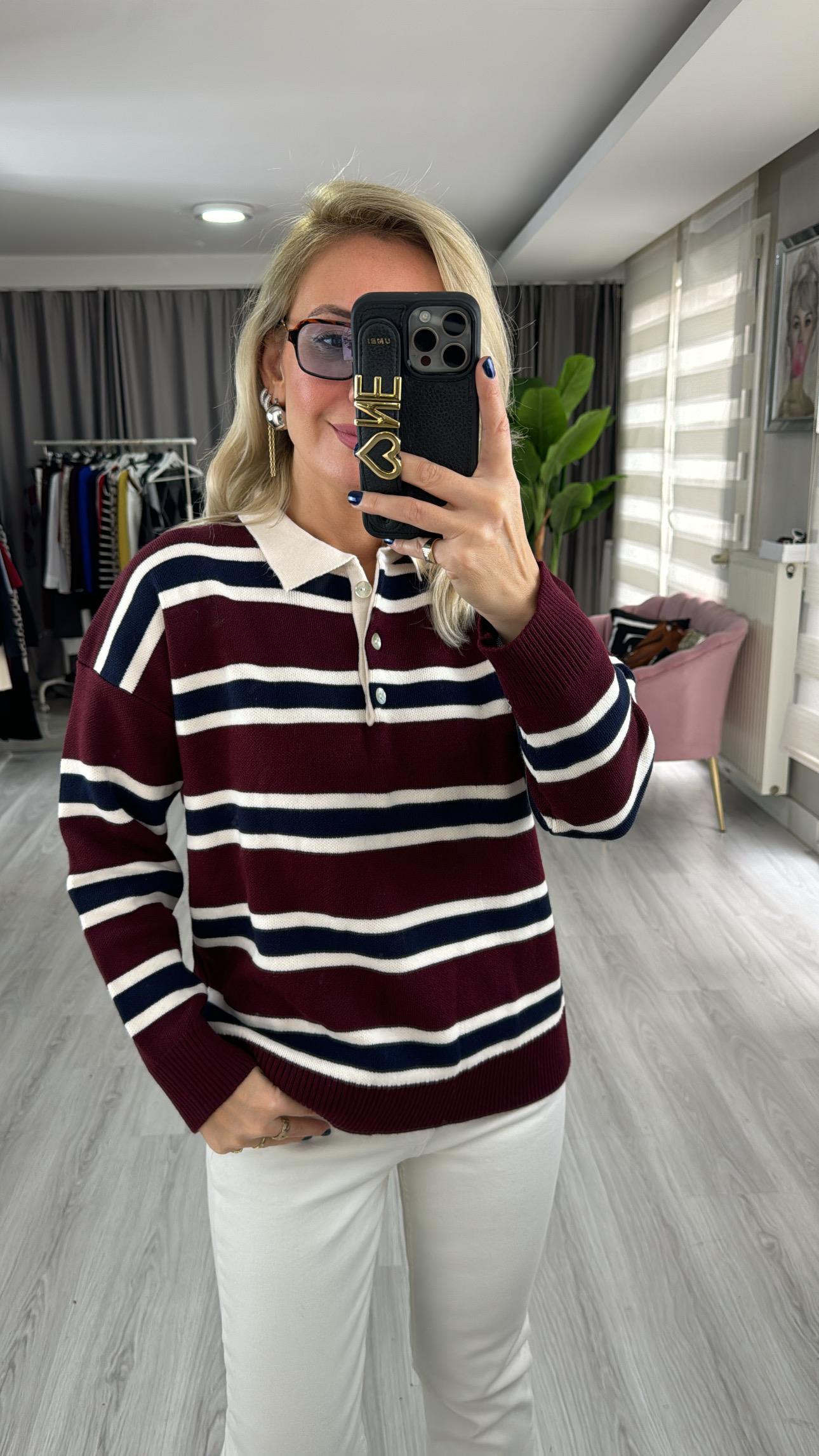 Bordo Lacivert Çizgili Polo Yaka Triko