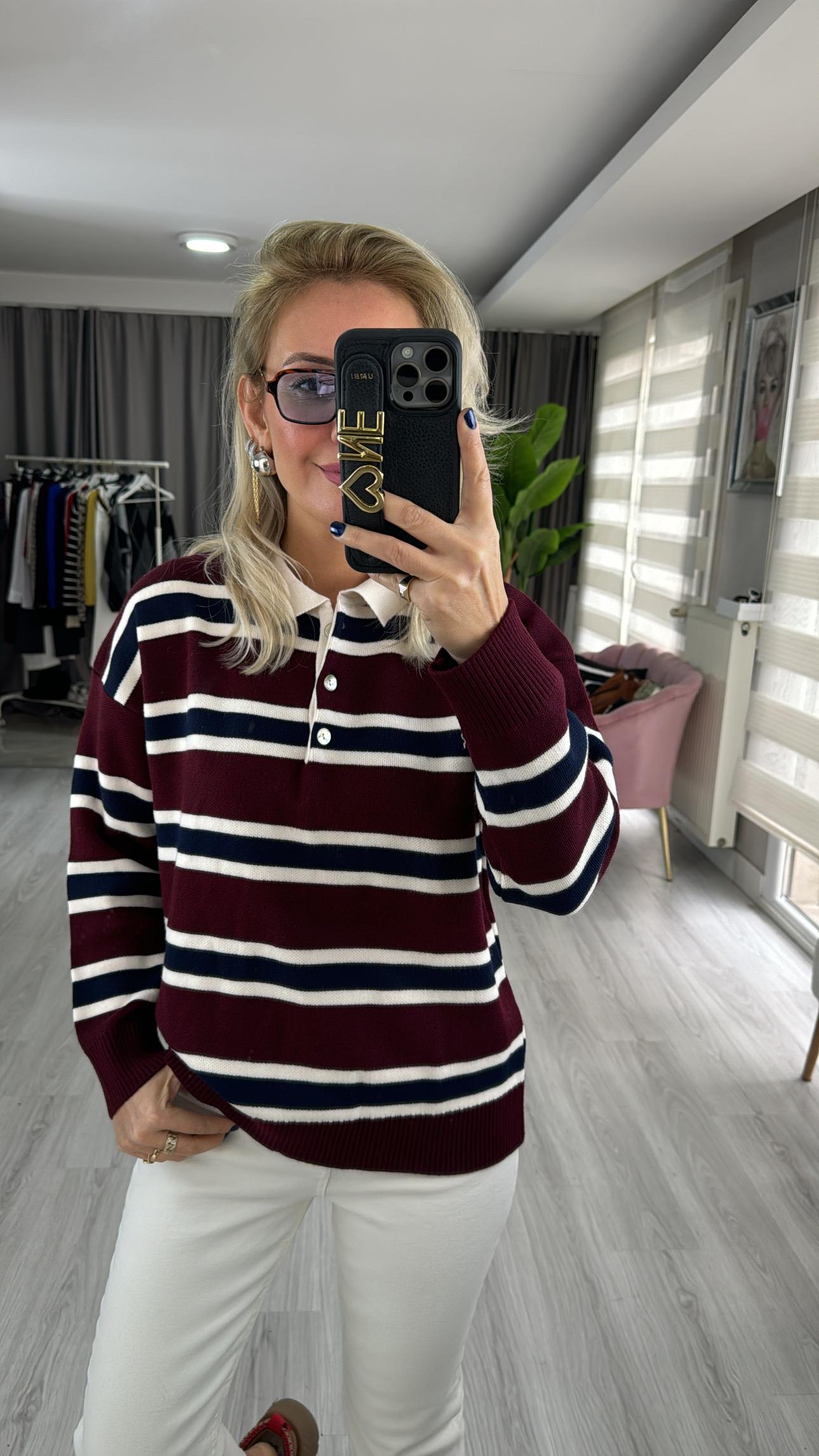 Bordo Lacivert Çizgili Polo Yaka Triko