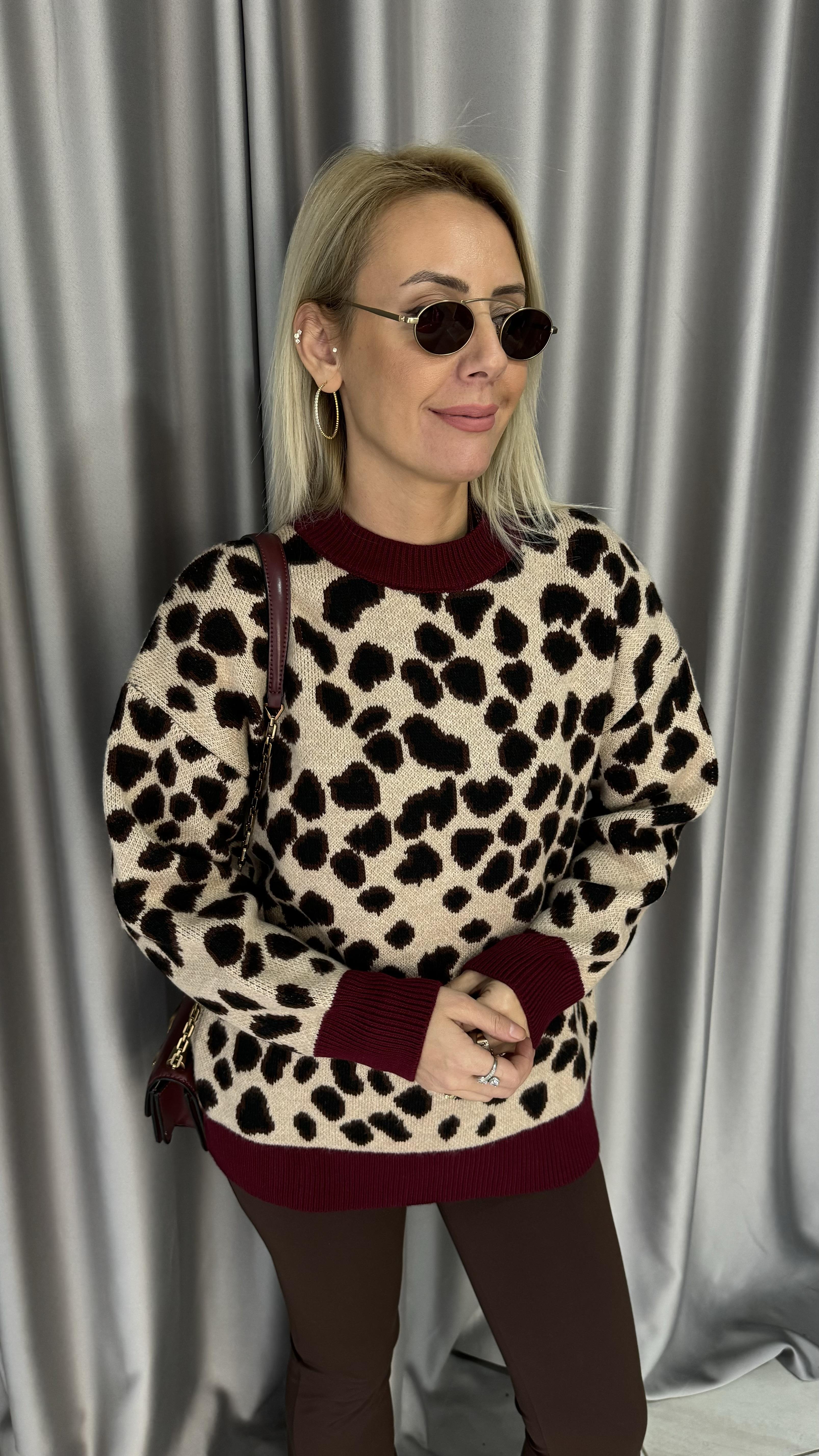 Bordo Ribanalı Leopar Desen Triko