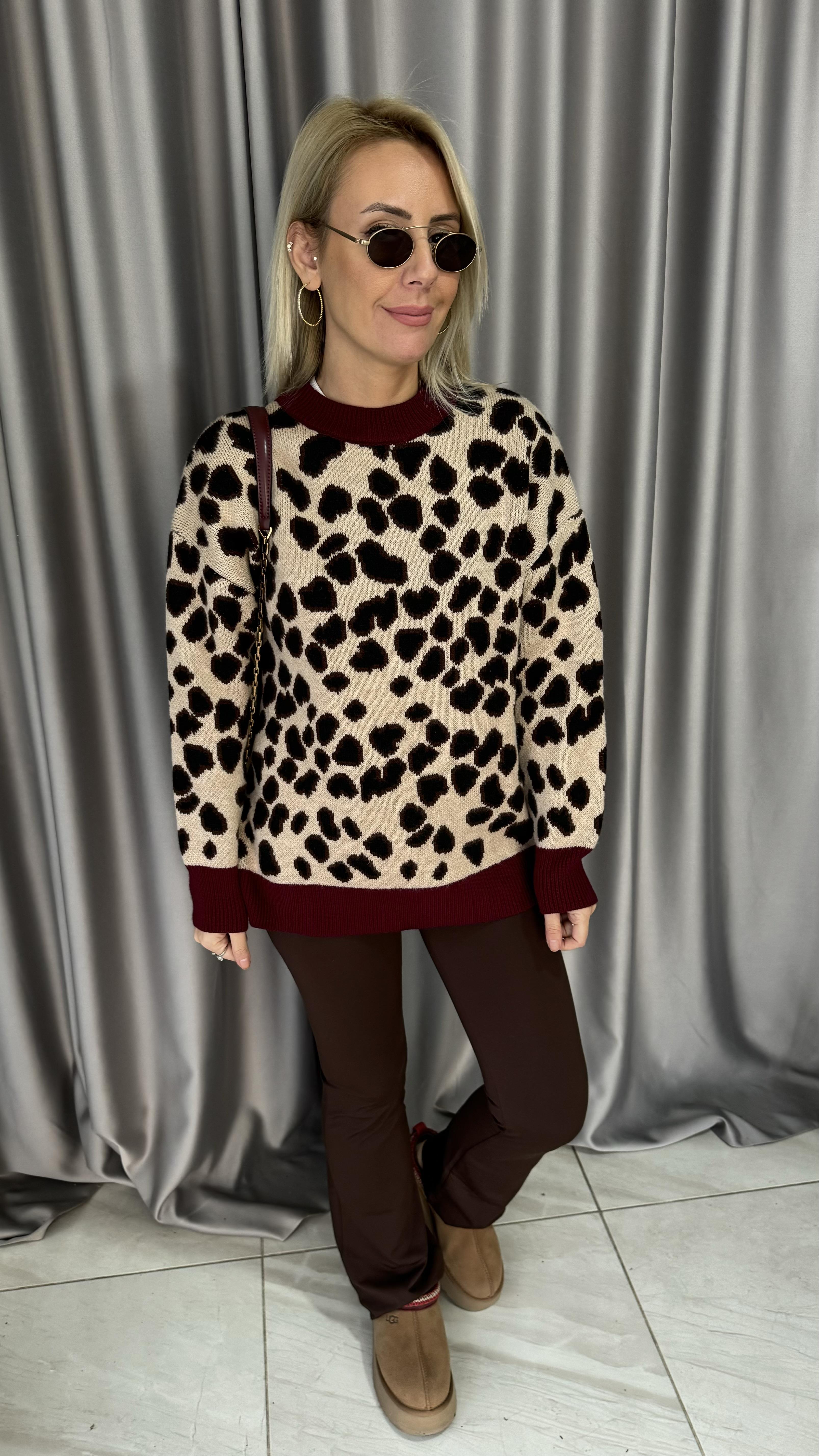 Bordo Ribanalı Leopar Desen Triko
