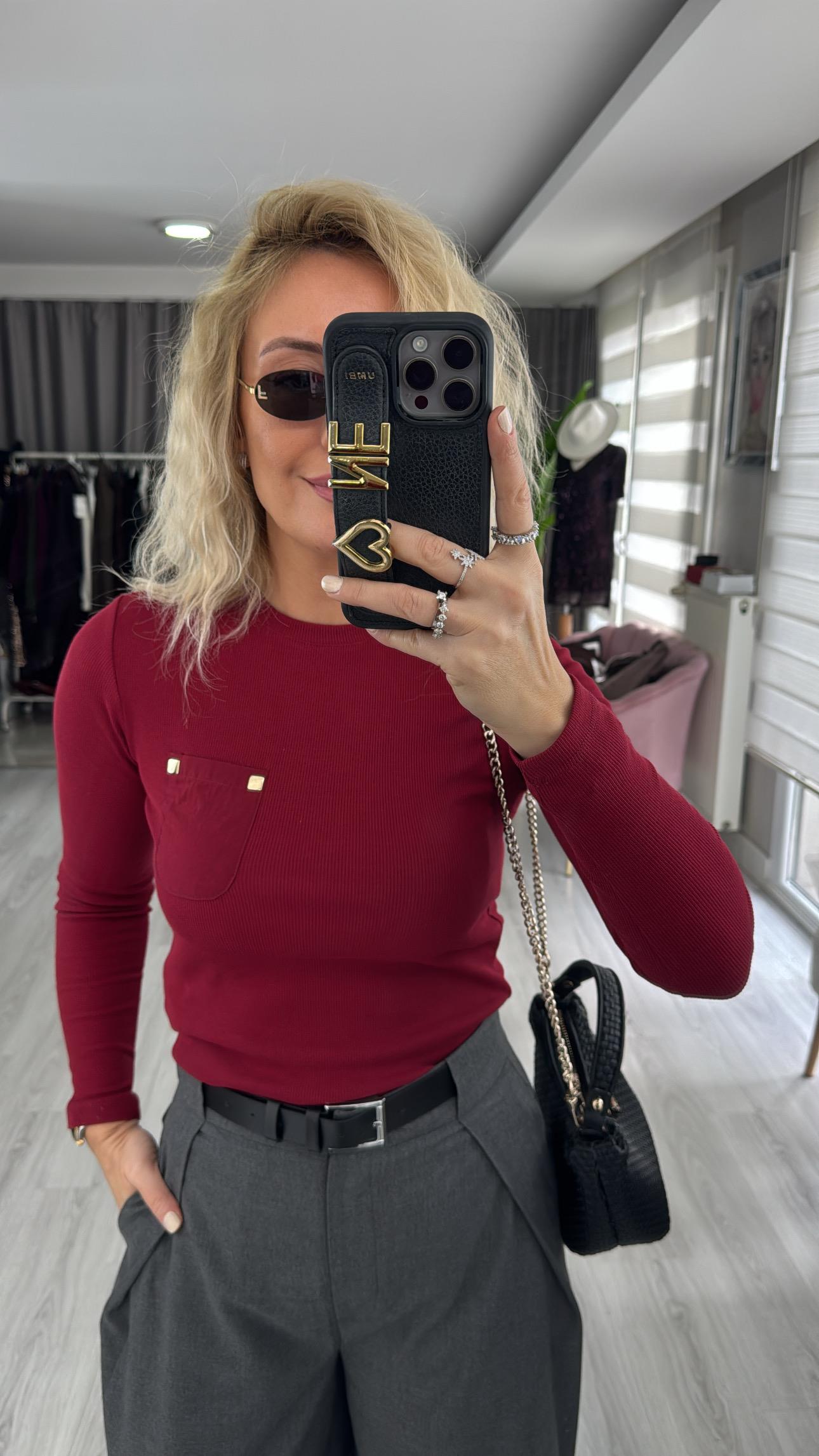 Cep Detaylı Fitilli Kaşkorse Bordo Bluz