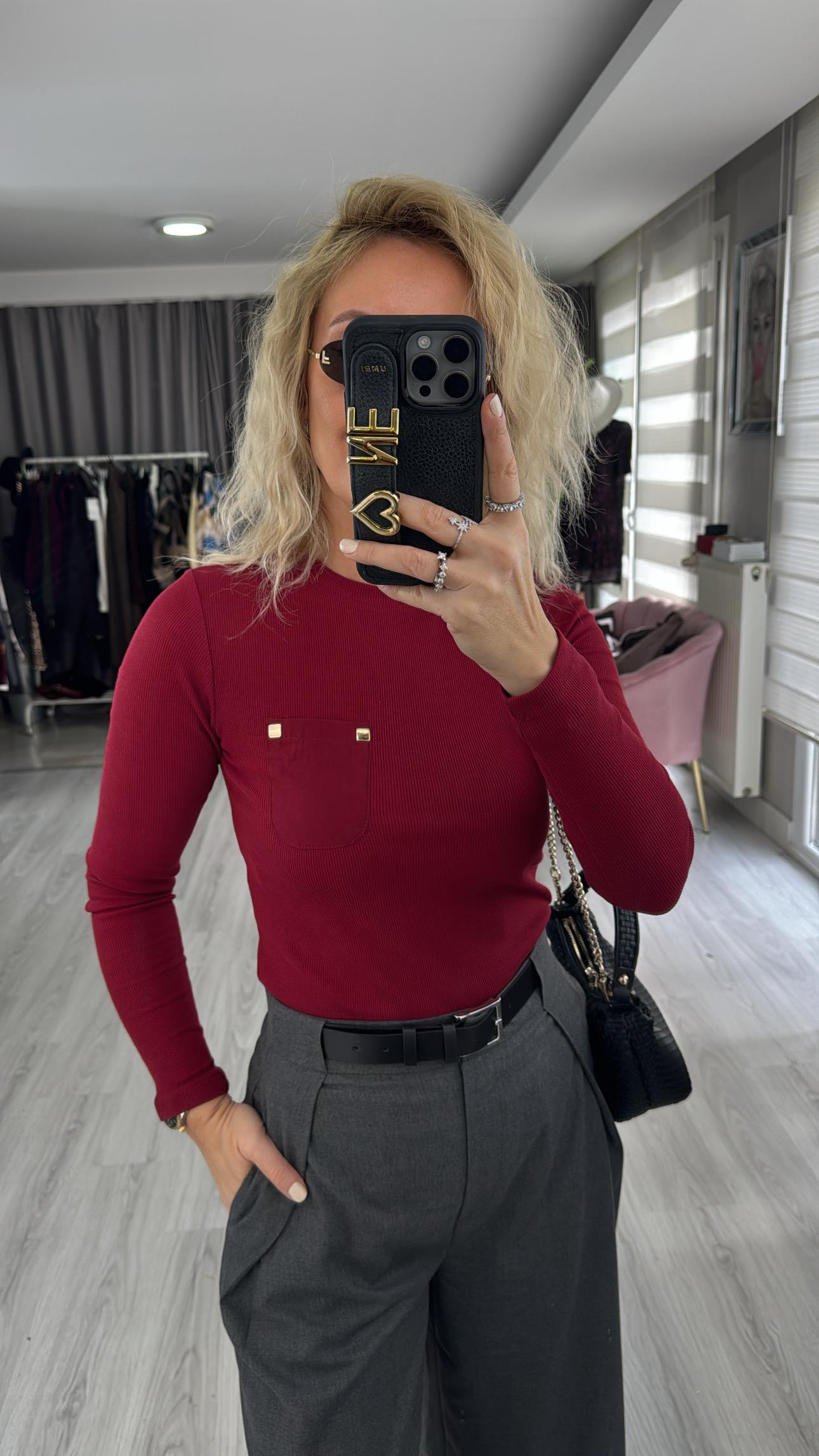 Cep Detaylı Fitilli Kaşkorse Bordo Bluz