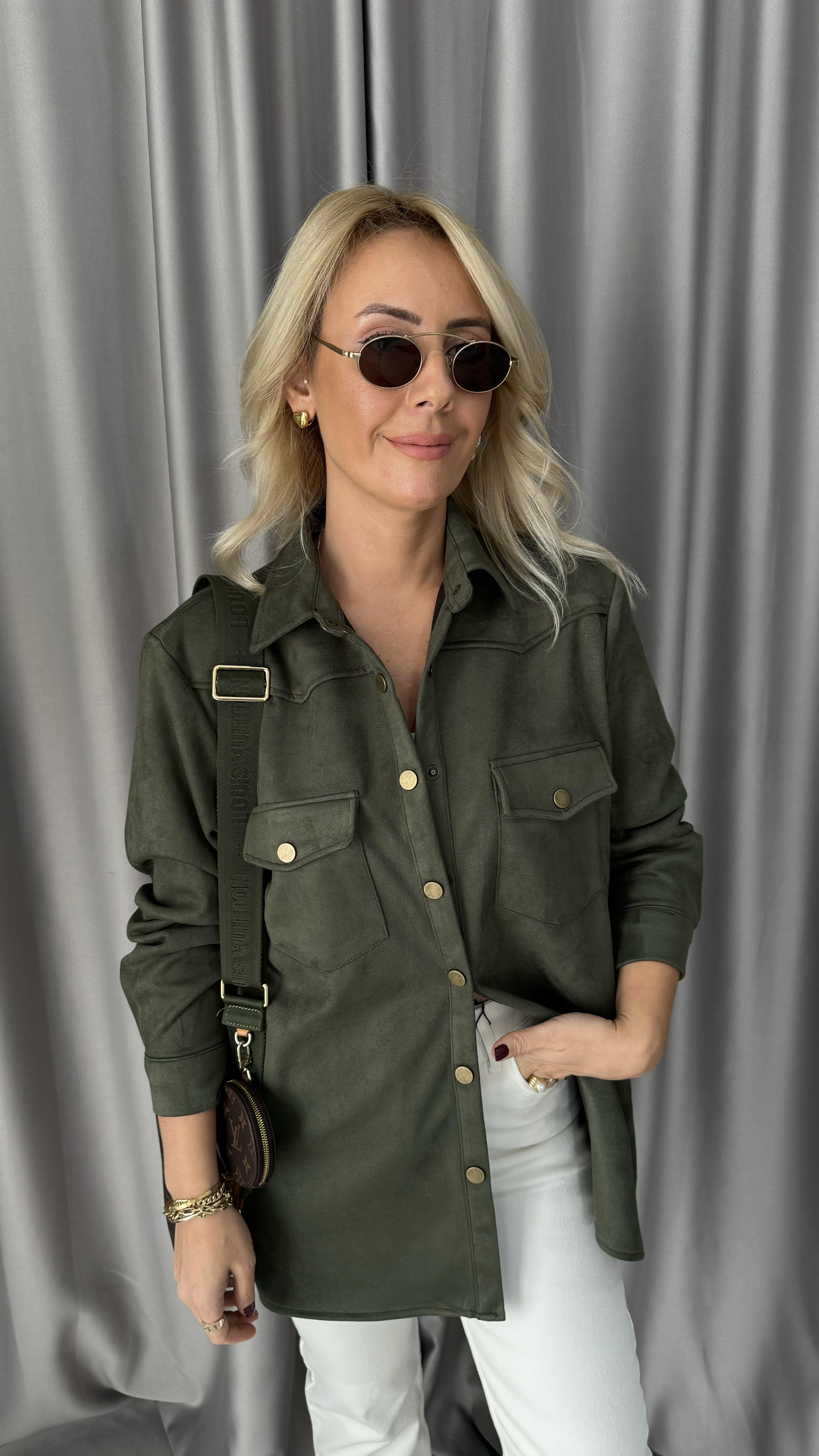 Çıtçıt Düğmeli Haki Süet Gömlek