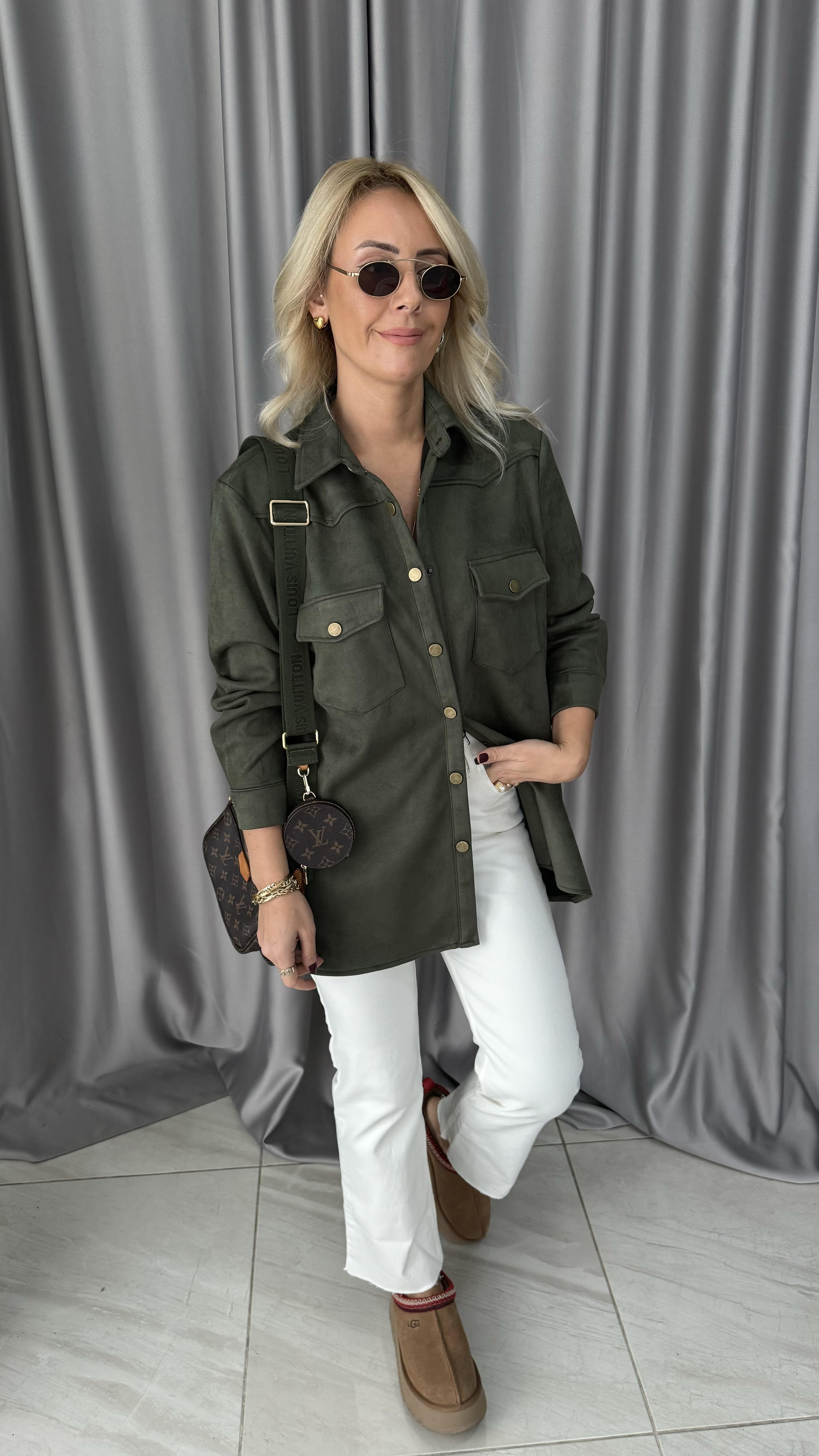 Çıtçıt Düğmeli Haki Süet Gömlek