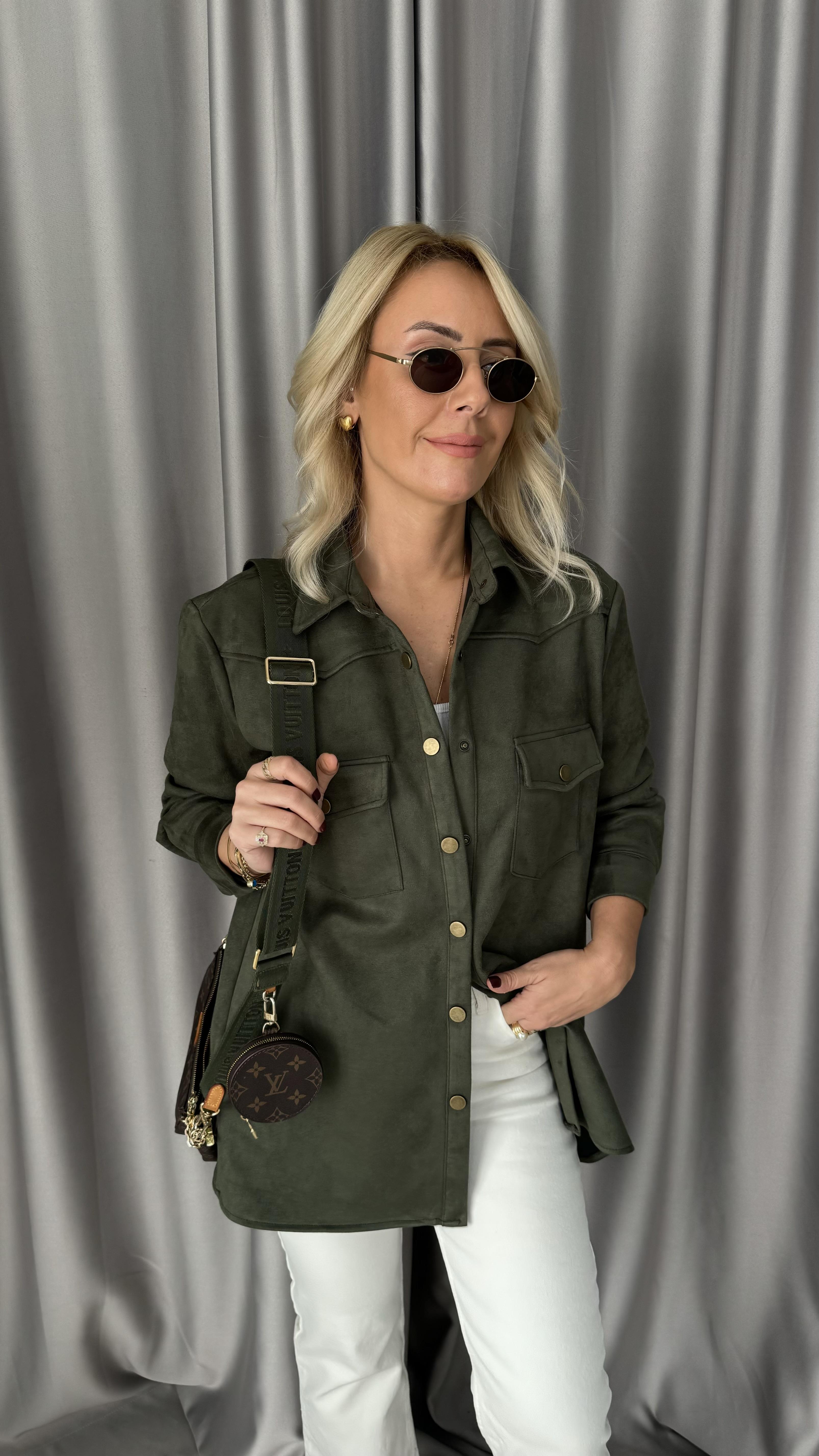 Çıtçıt Düğmeli Haki Süet Gömlek