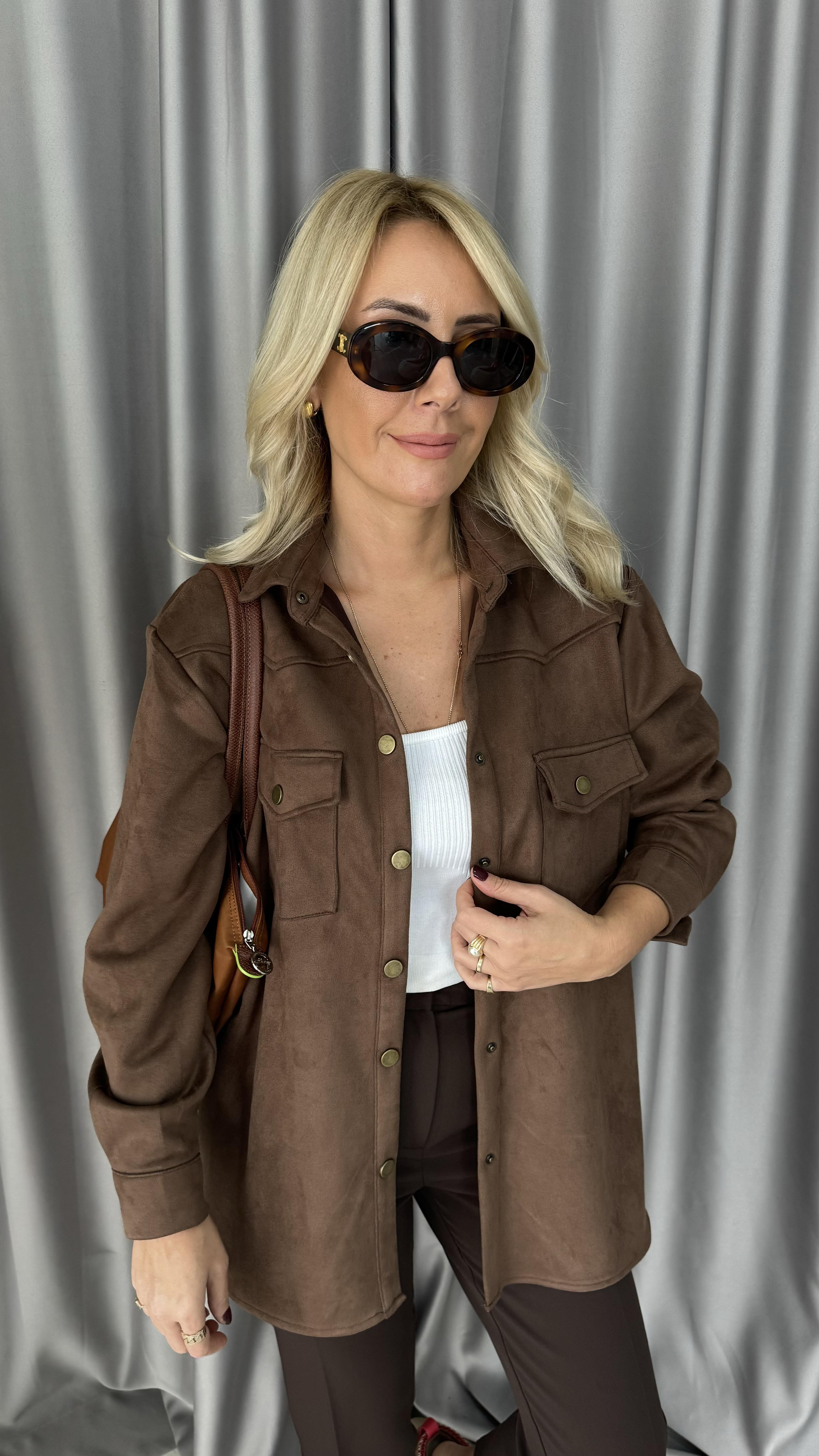 Çıtçıt Düğmeli Kahverengi Süet Gömlek