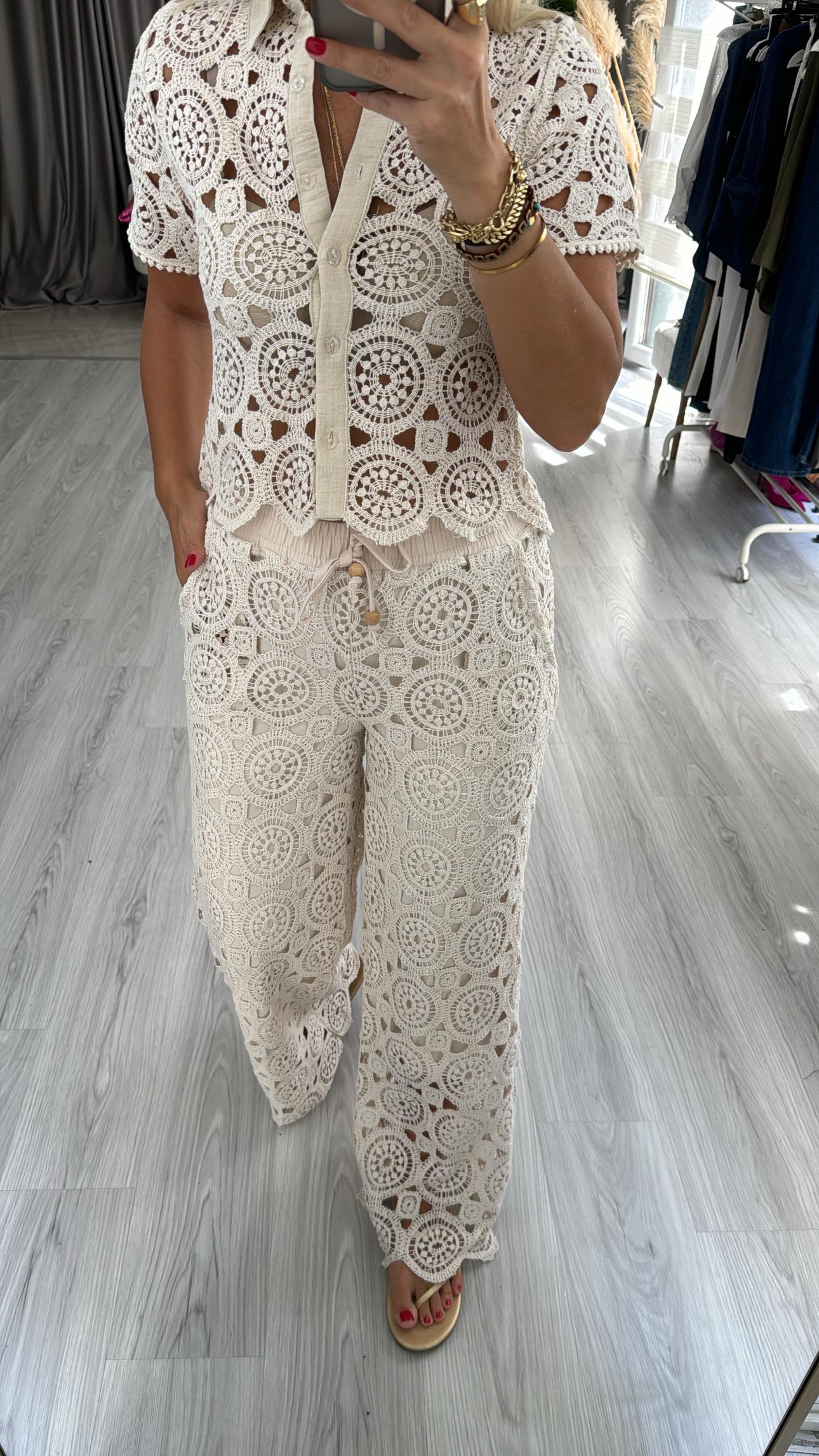 Dantel İşlemeli, Astarlı, Naturel Pantolon