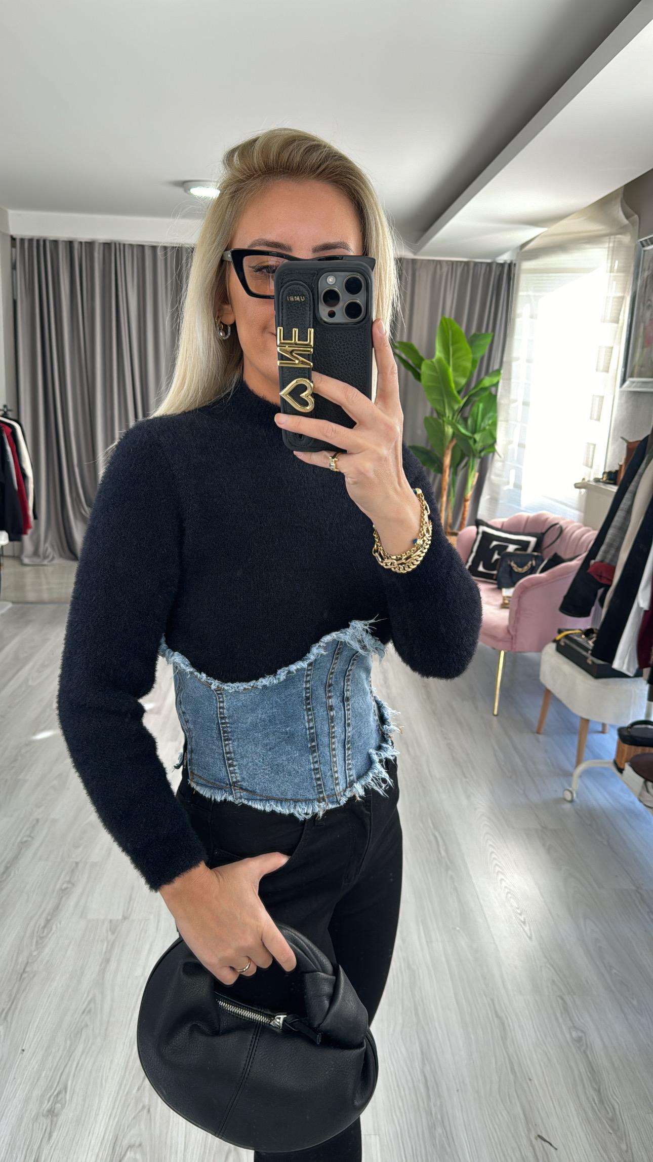 Orjinal Model Denim Korseli Siyah Triko