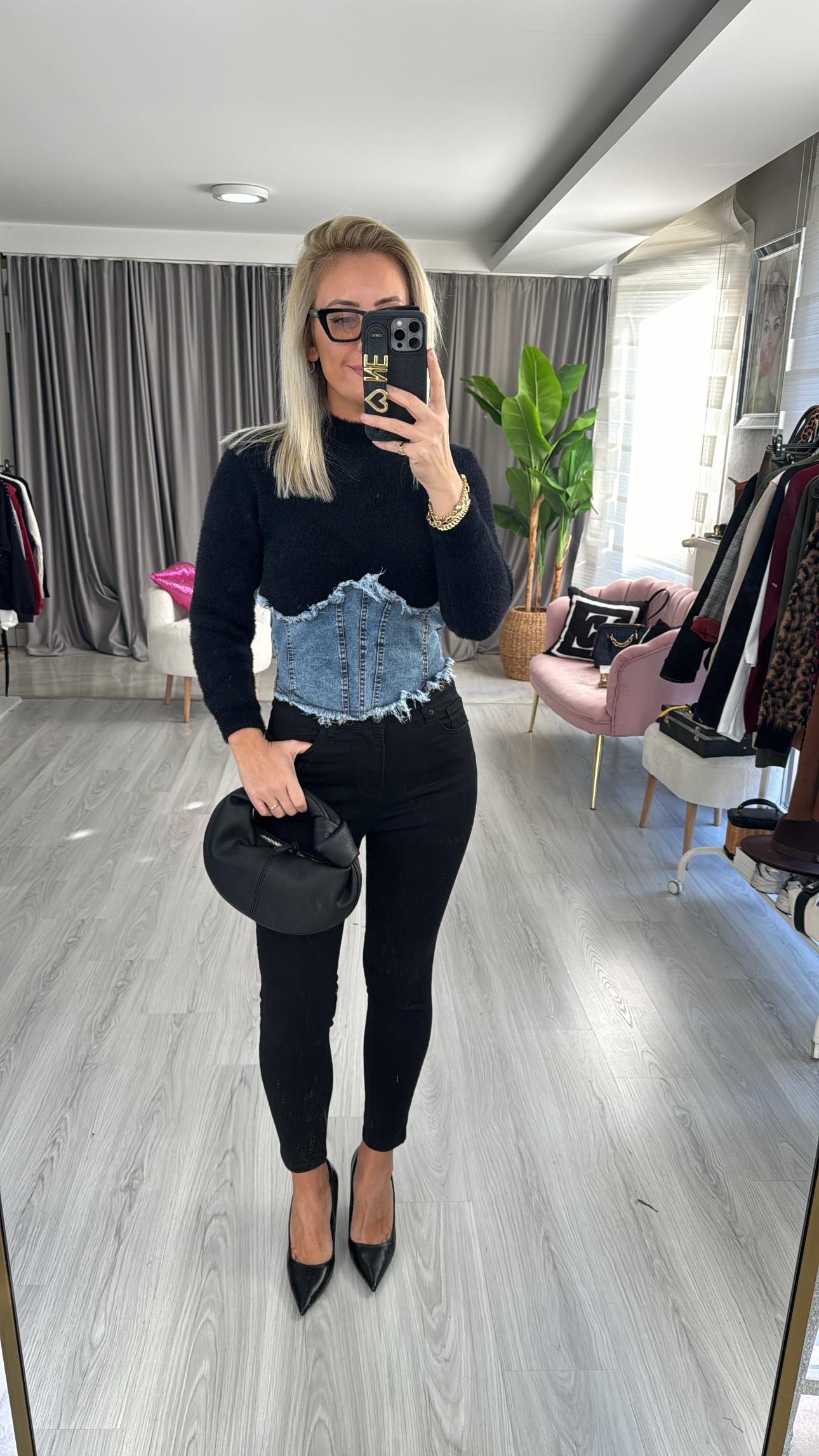 Orjinal Model Denim Korseli Siyah Triko