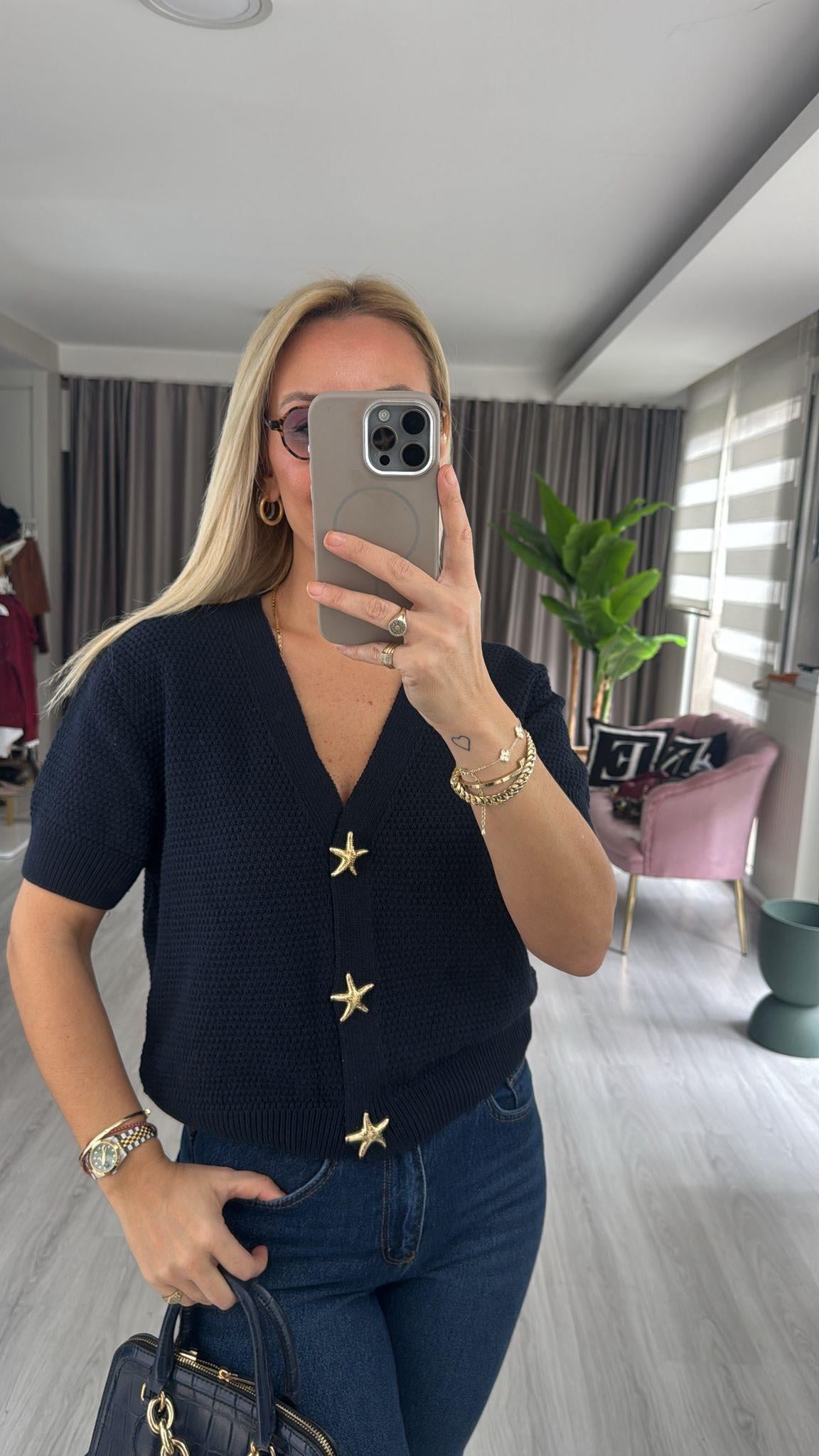 Deniz Yıldızı Düğme Detaylı Lacivert Triko Hırka