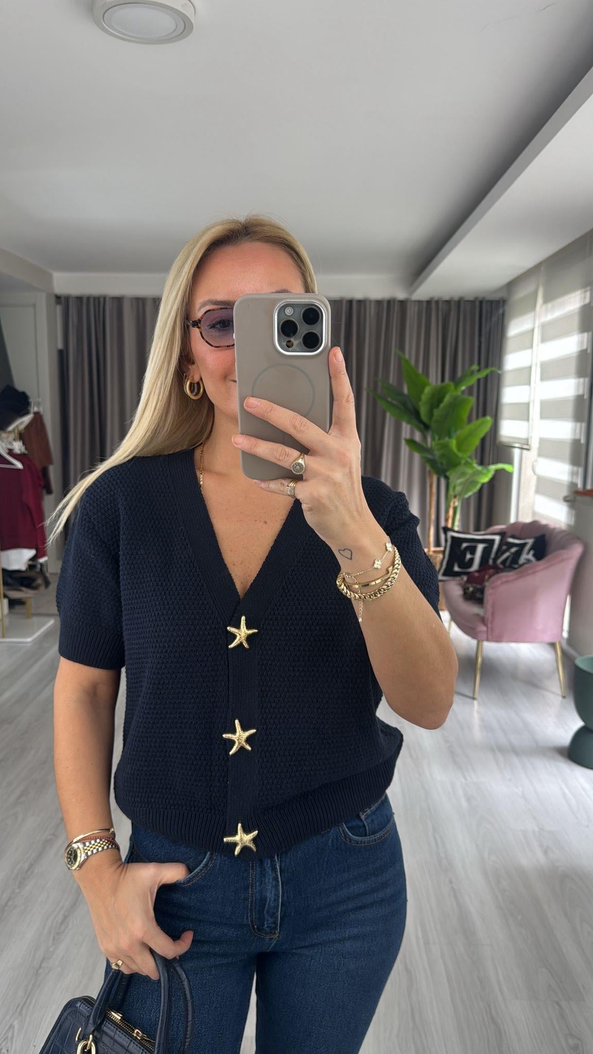 Deniz Yıldızı Düğme Detaylı Lacivert Triko Hırka