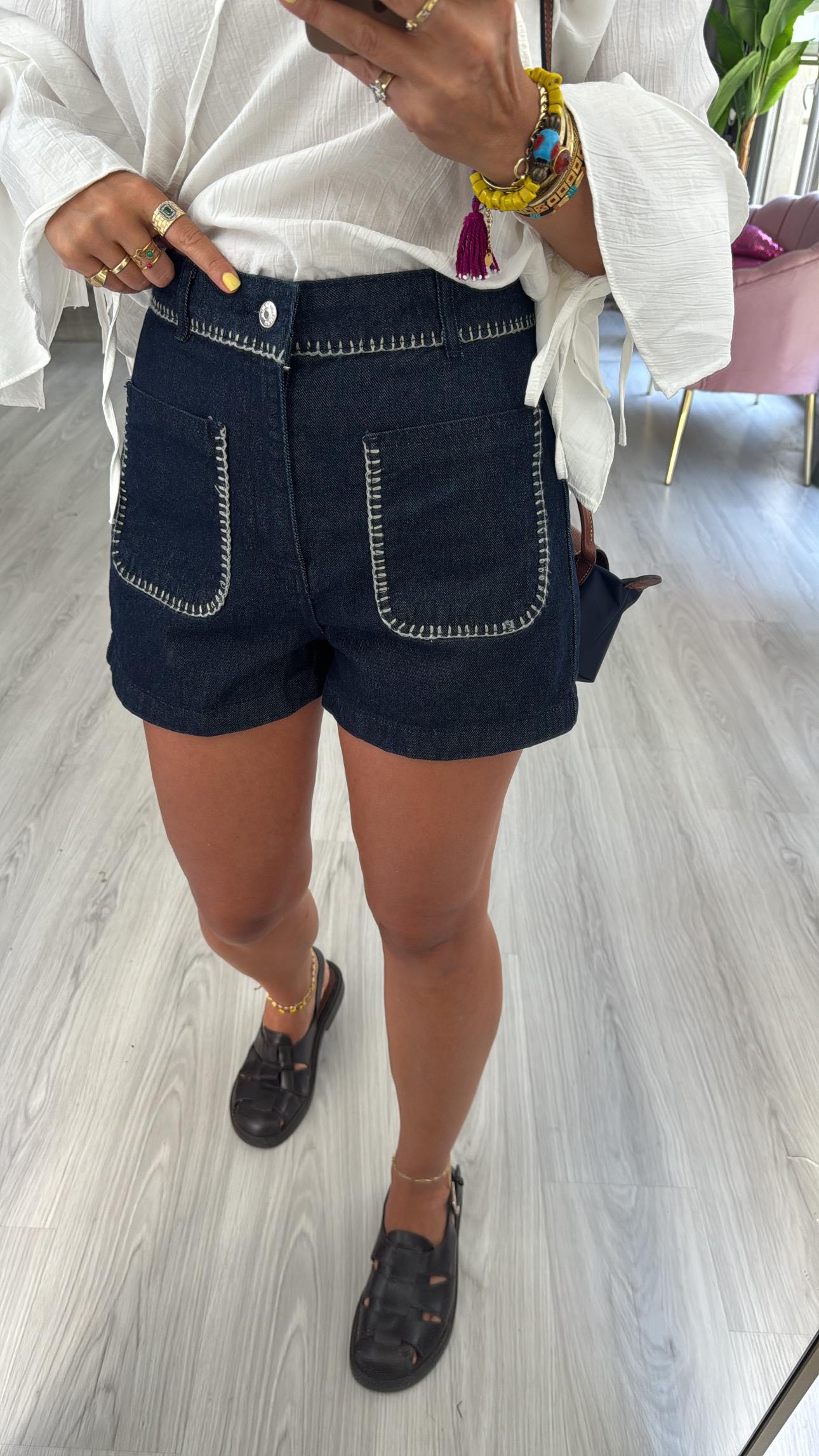 Dikiş Detaylı Lacivert Şort