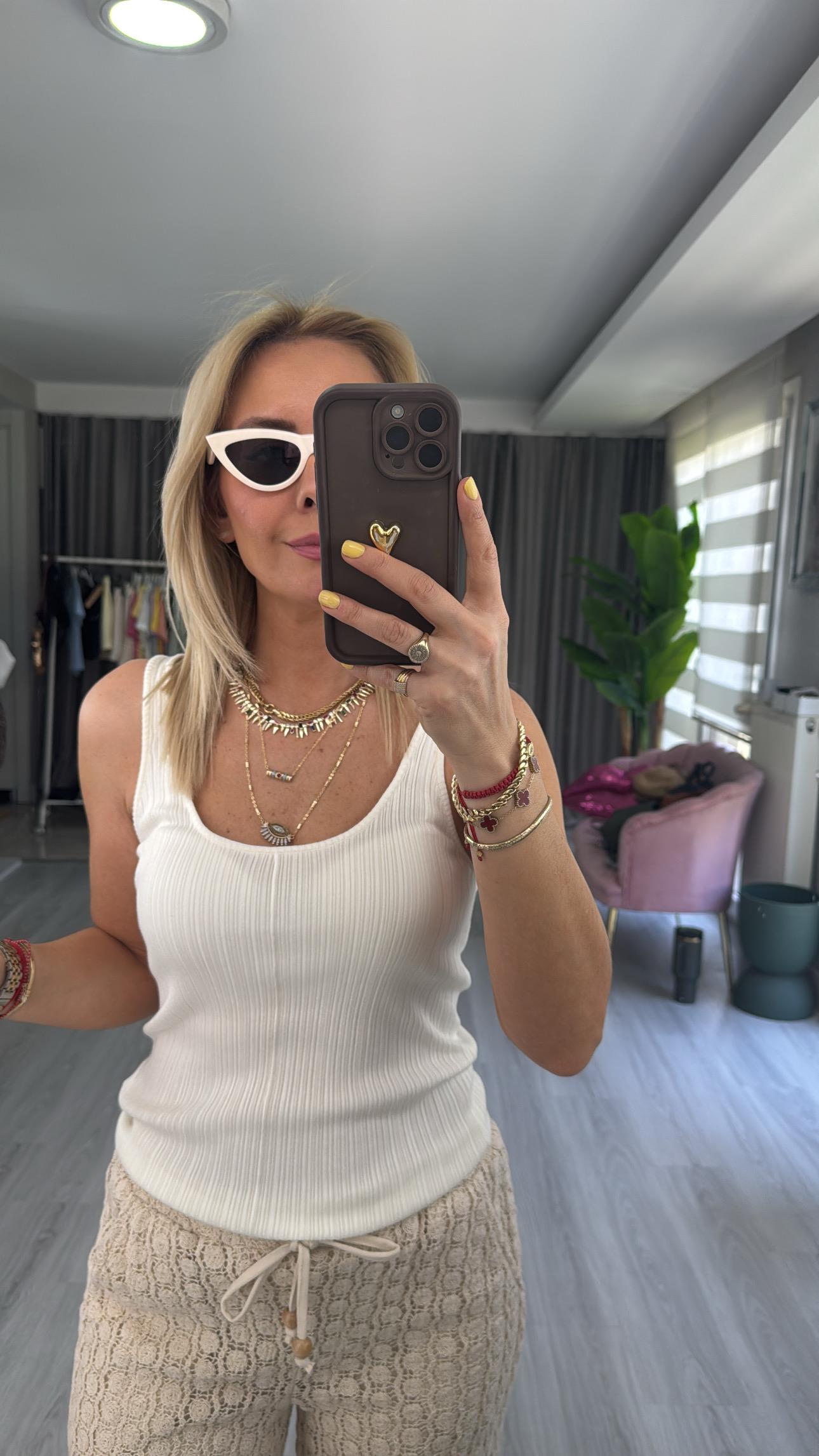 Dilvin Fitilli Tiril Dokulu Beyaz Triko Bluz