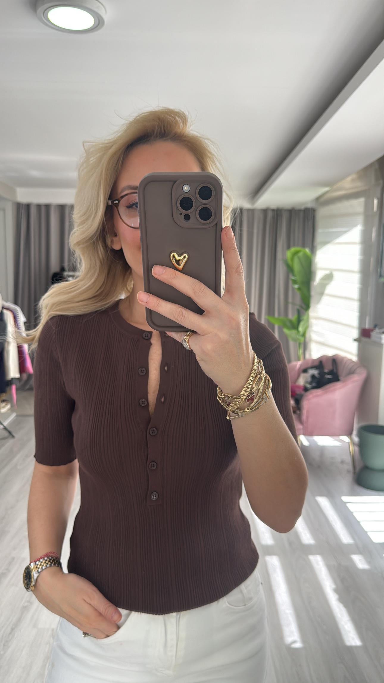 Dilvin Kısa Kollu Fitilli Acı Kahve Triko Bluz