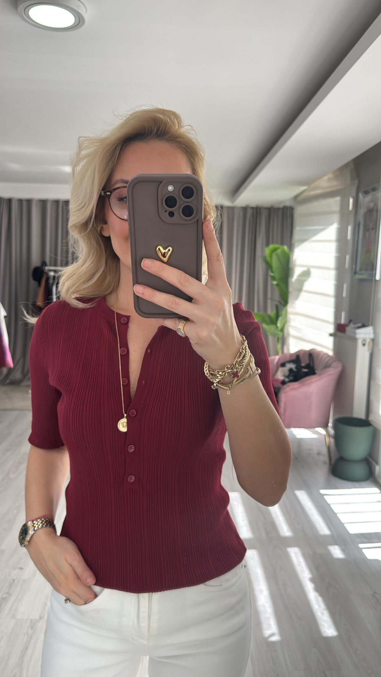 Dilvin Kısa Kollu Fitilli Bordo Triko Bluz