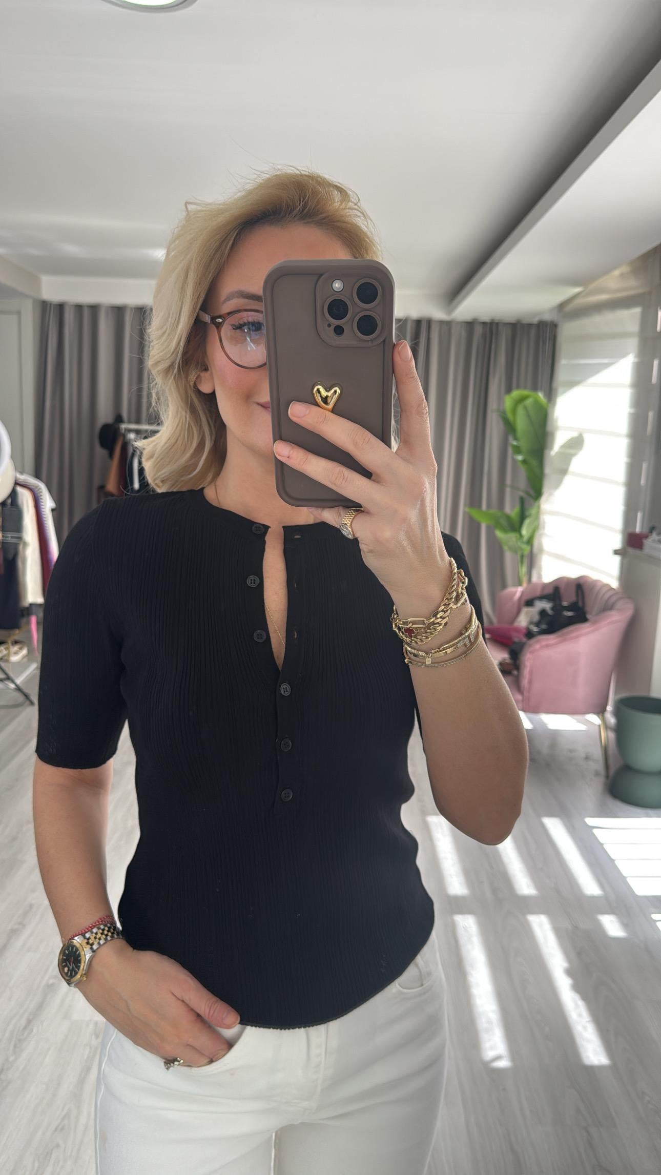 Dilvin Kısa Kollu Fitilli Siyah Triko