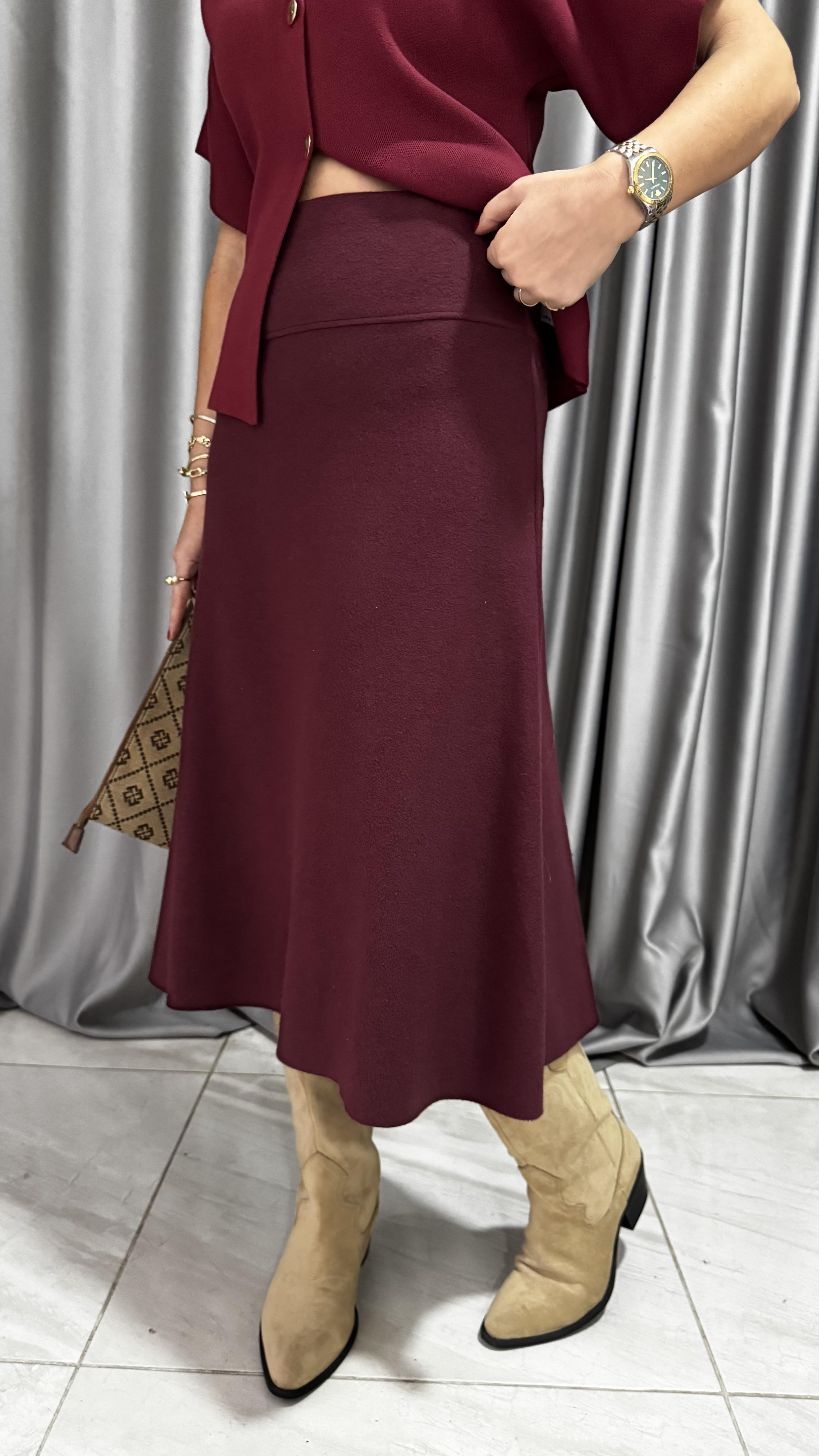 Dilvin Midi Boy Bordo Triko Etek