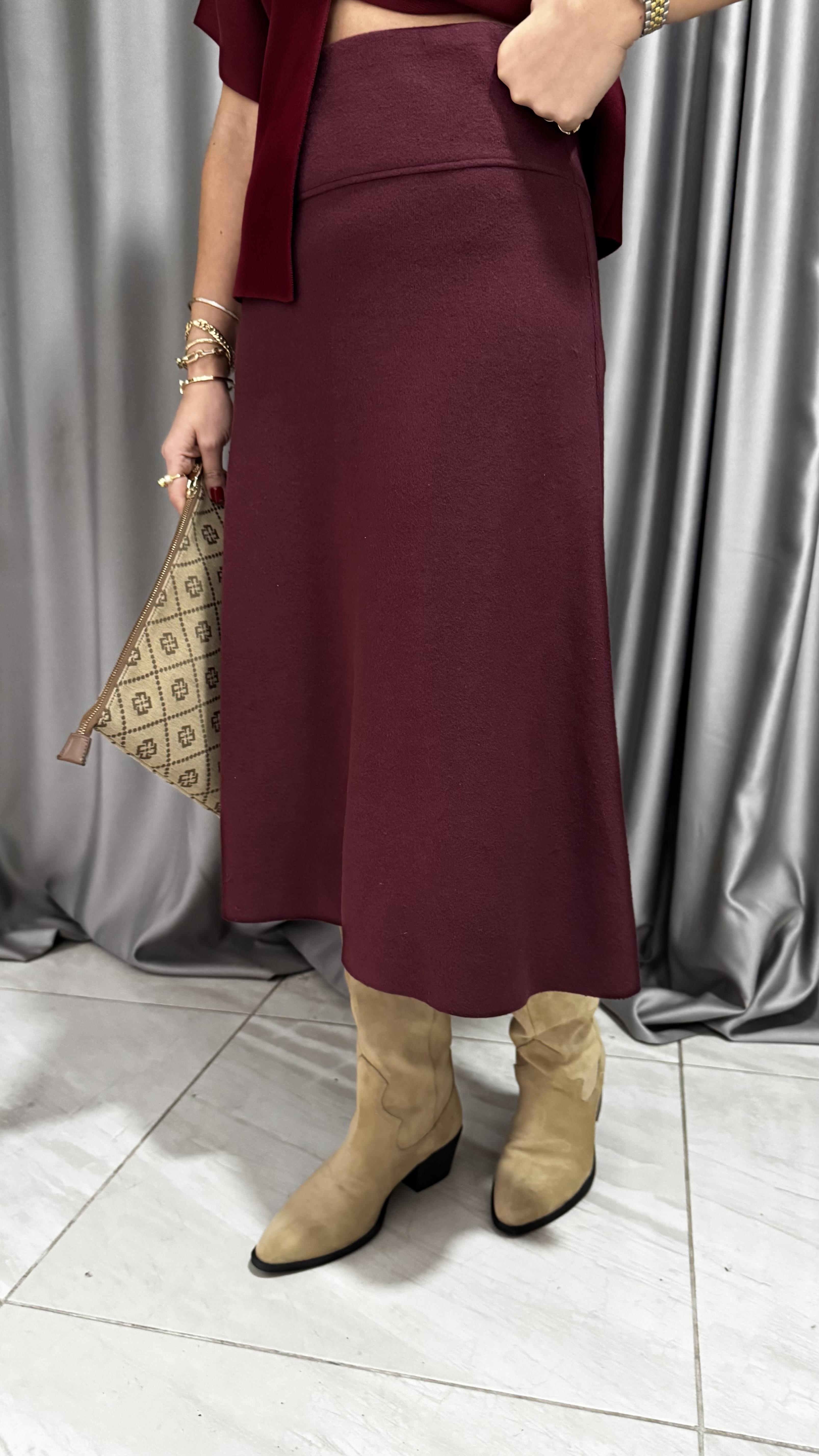 Dilvin Midi Boy Bordo Triko Etek