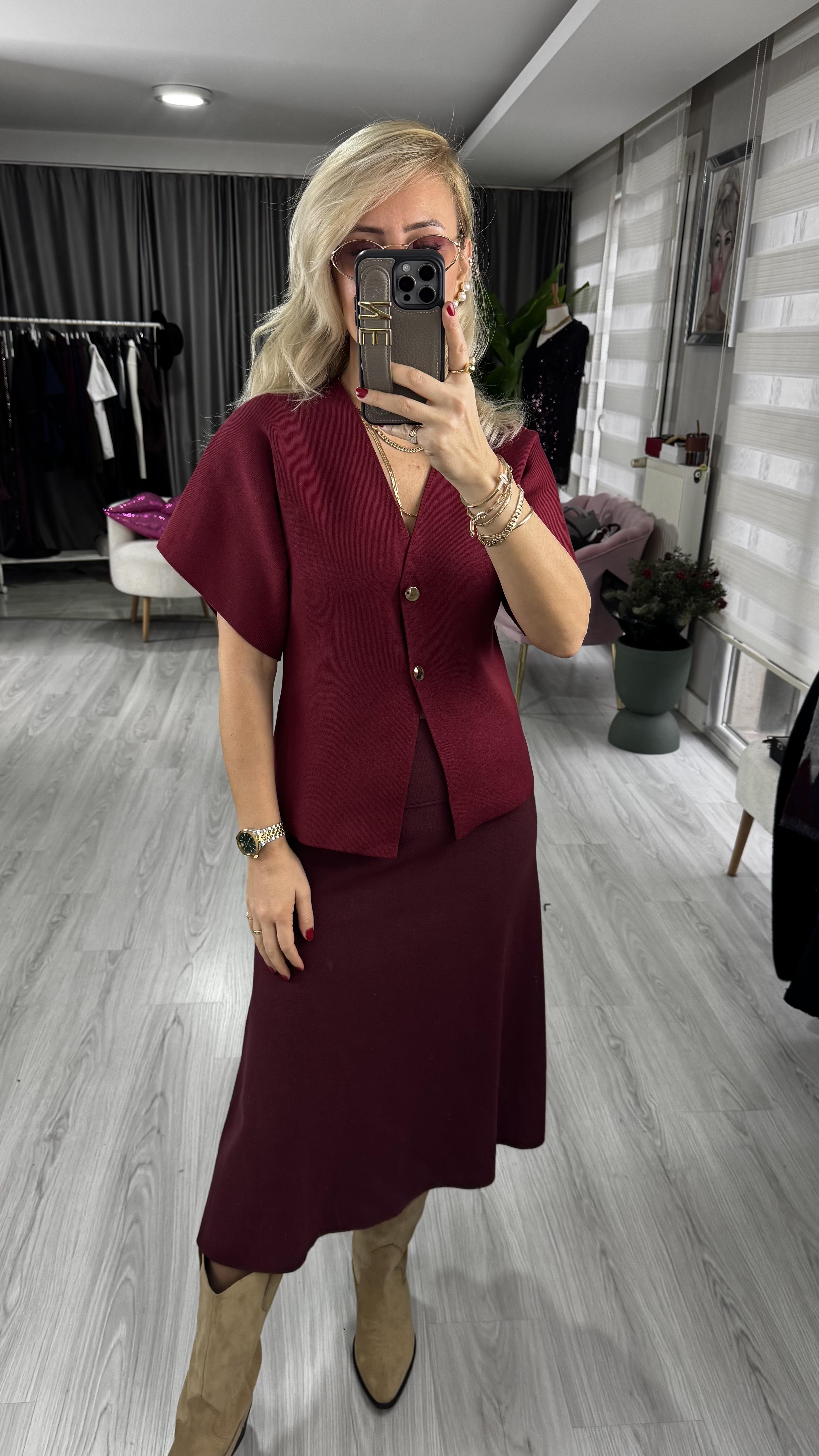 Dilvin Midi Boy Bordo Triko Etek