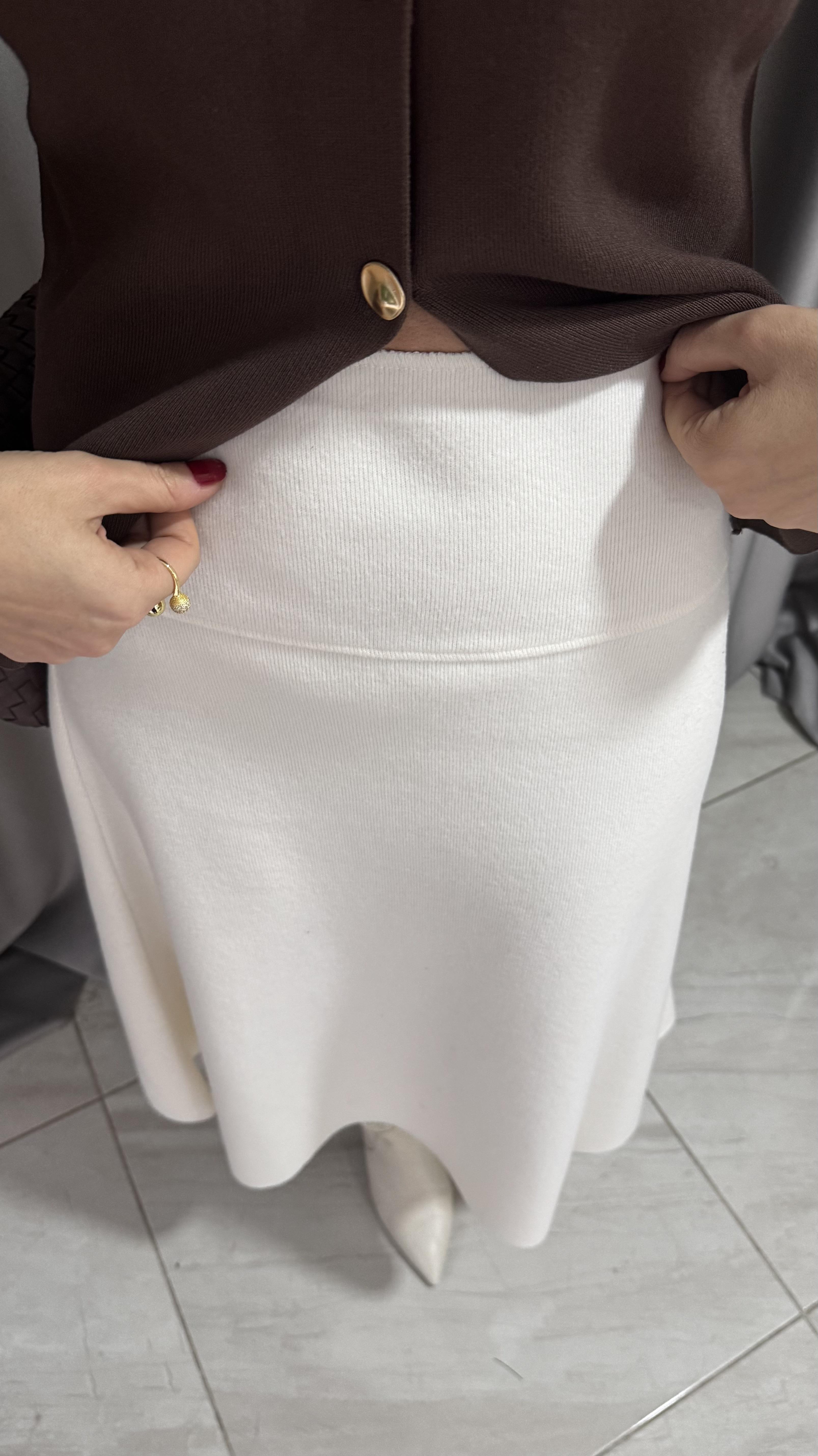 Dilvin Midi Boy Ekru Triko Etek