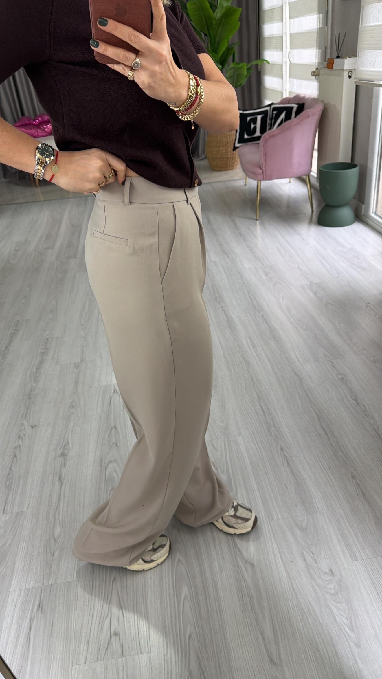 Dökümlü Açık Bej Palazzo Pantolon