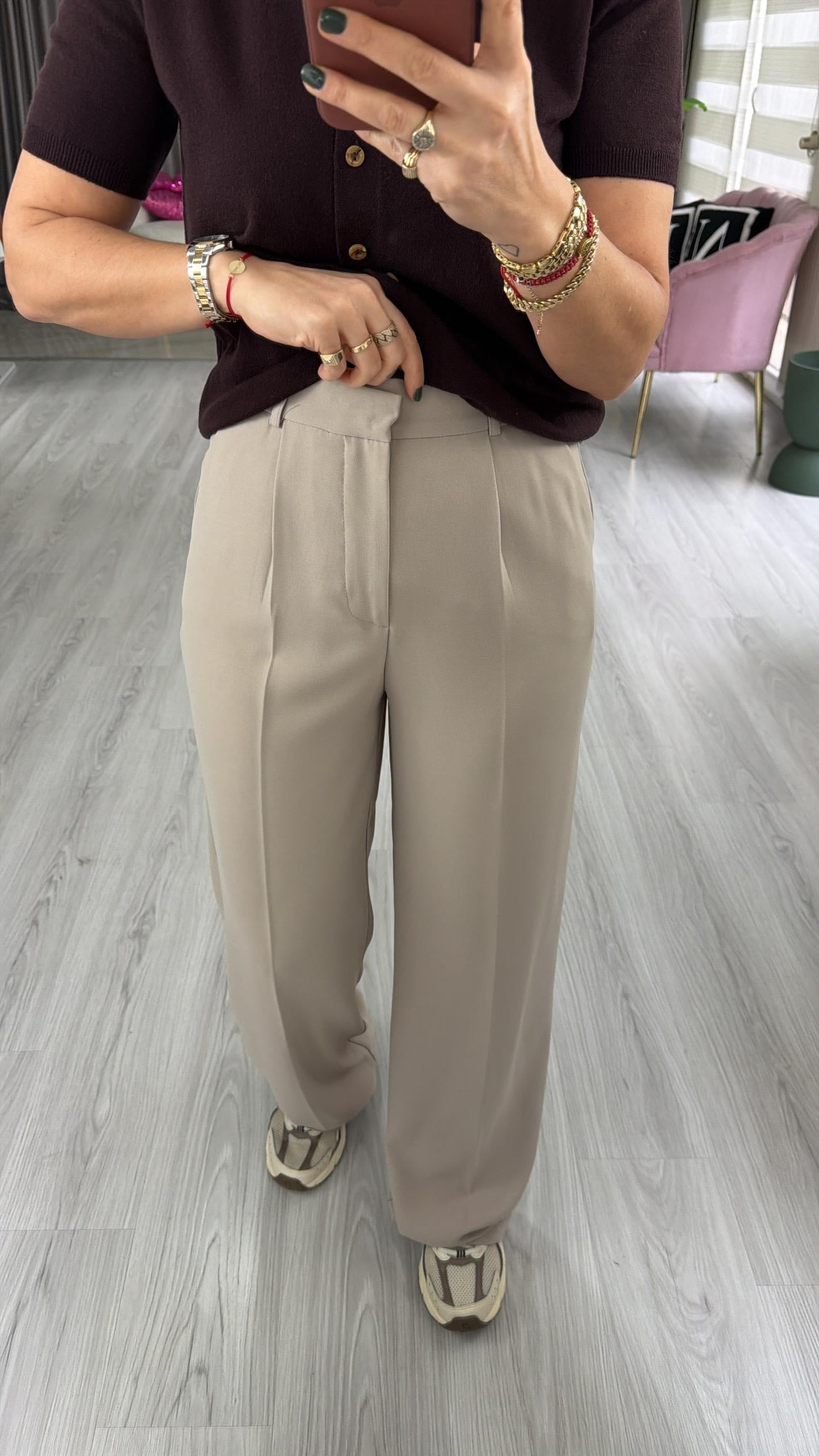 Dökümlü Açık Bej Palazzo Pantolon