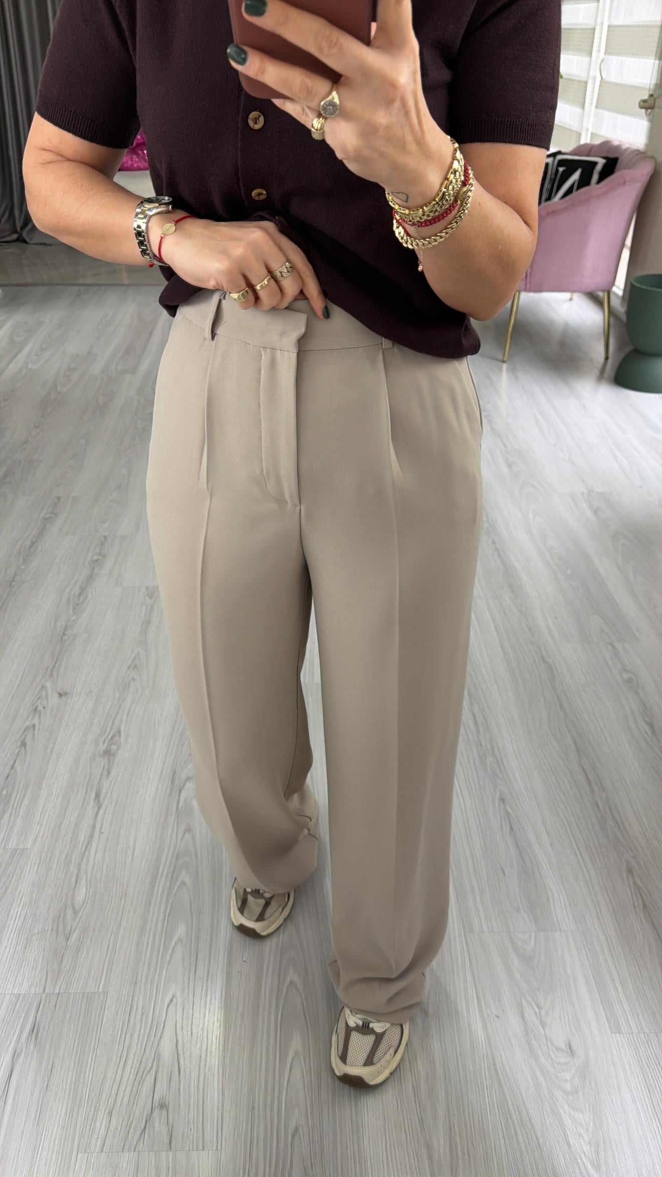 Dökümlü Açık Bej Palazzo Pantolon