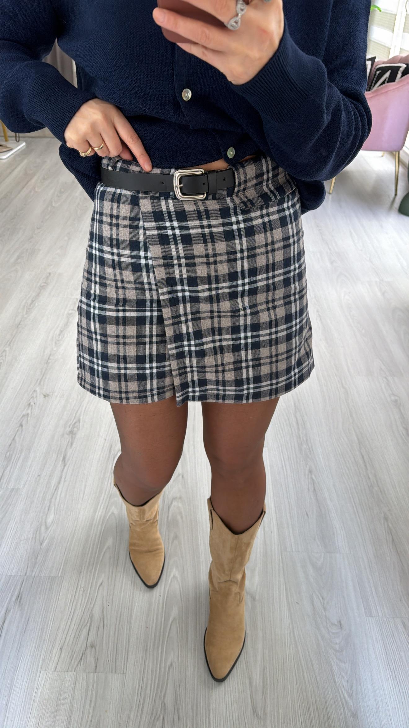 Ekose Desen Lacivert Bej Şort Etek