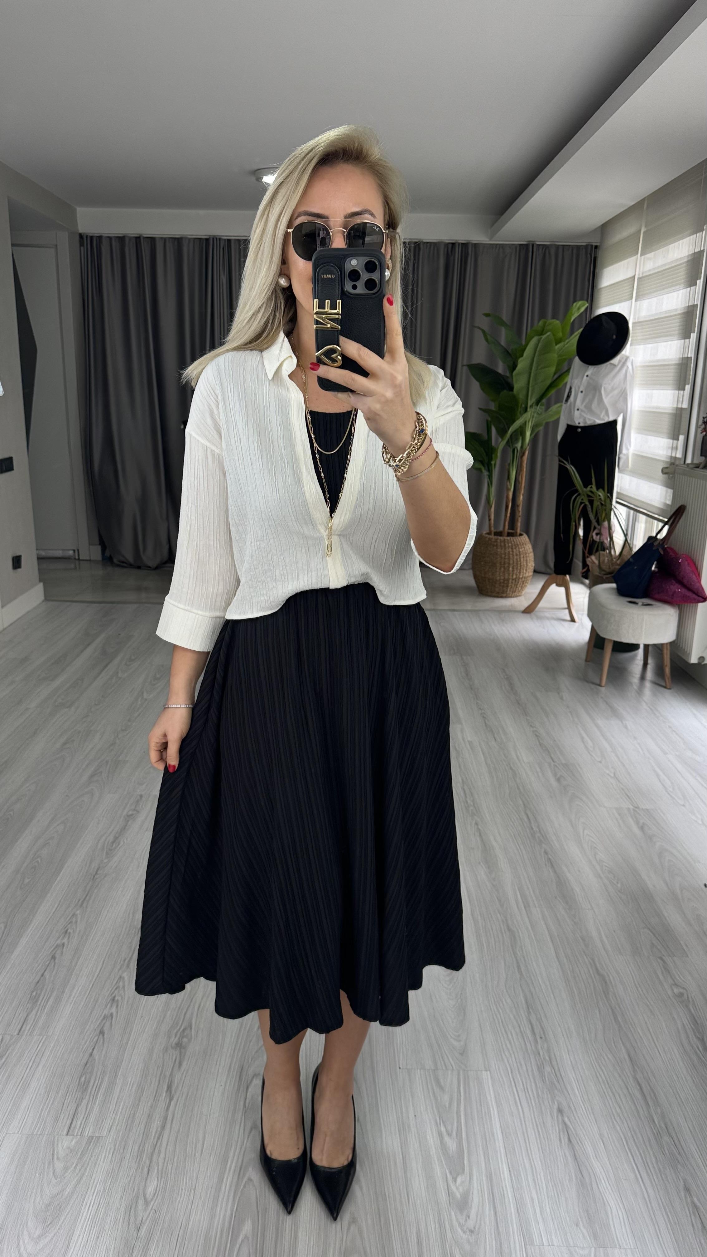 EKRU GÖMLEK DETAYLI SİYAH TENCEL ELBİSE