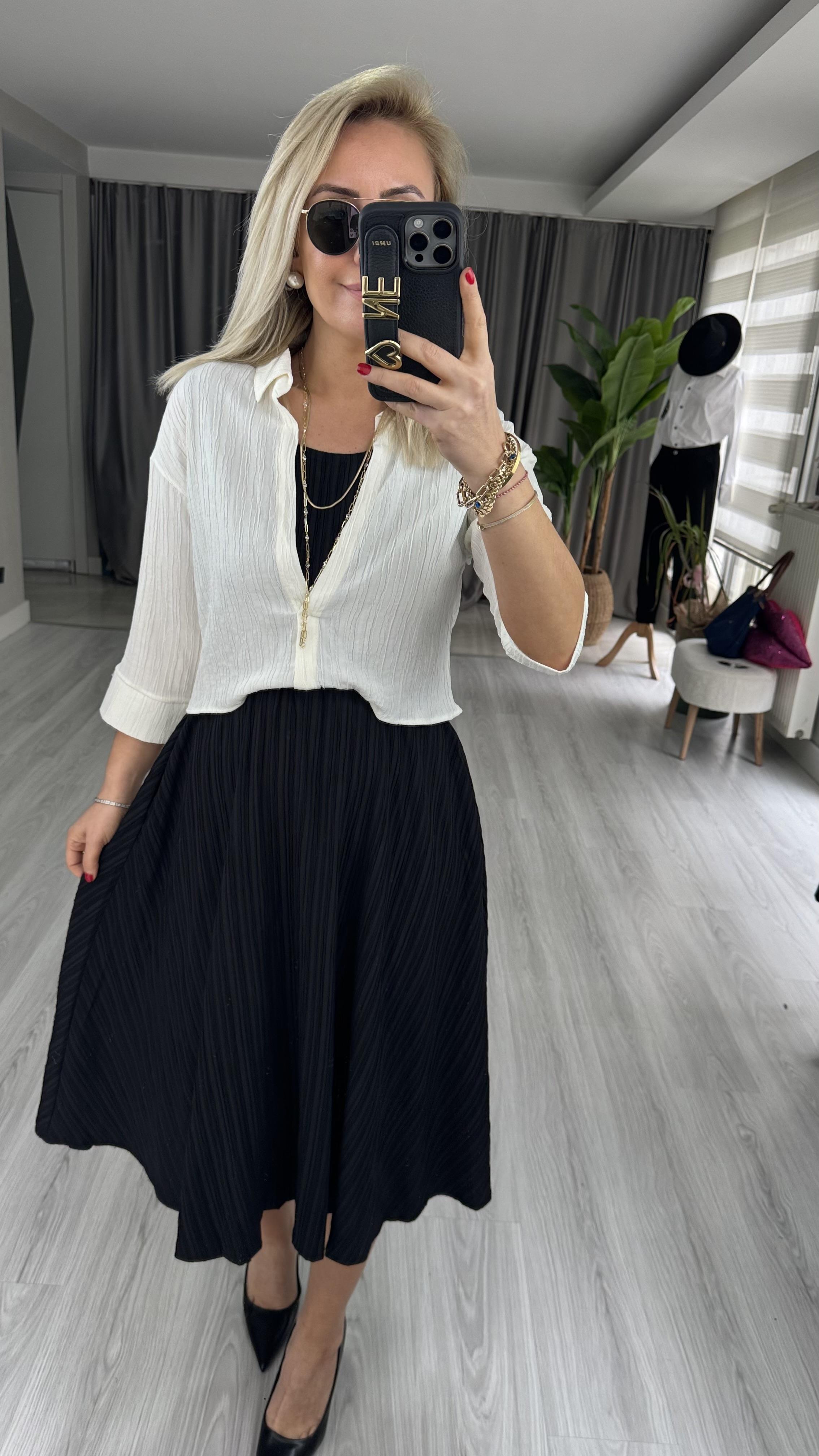 EKRU GÖMLEK DETAYLI SİYAH TENCEL ELBİSE