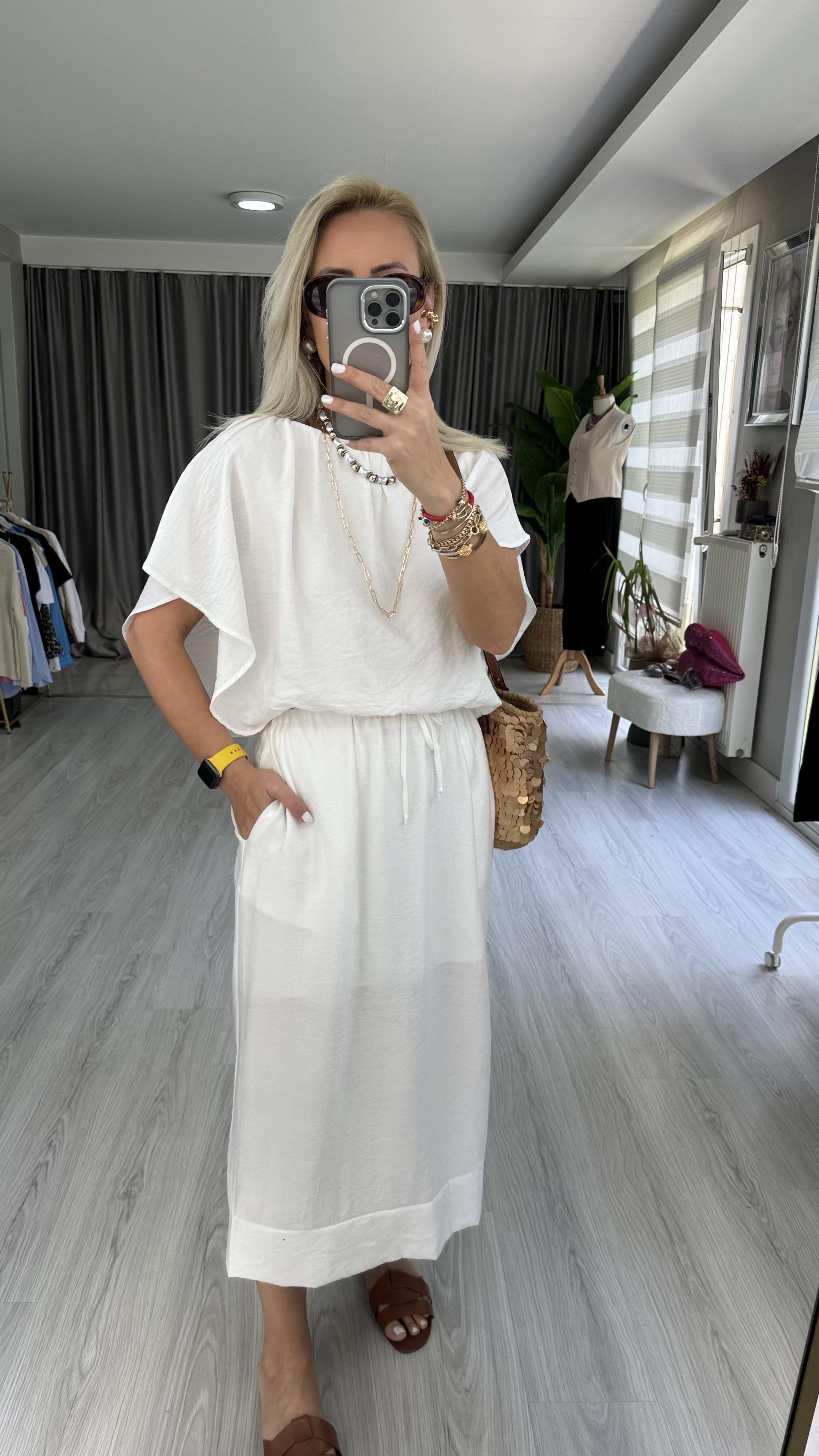 ETEK BLUZ TENCEL İKİLİ BEYAZ TAKIM
