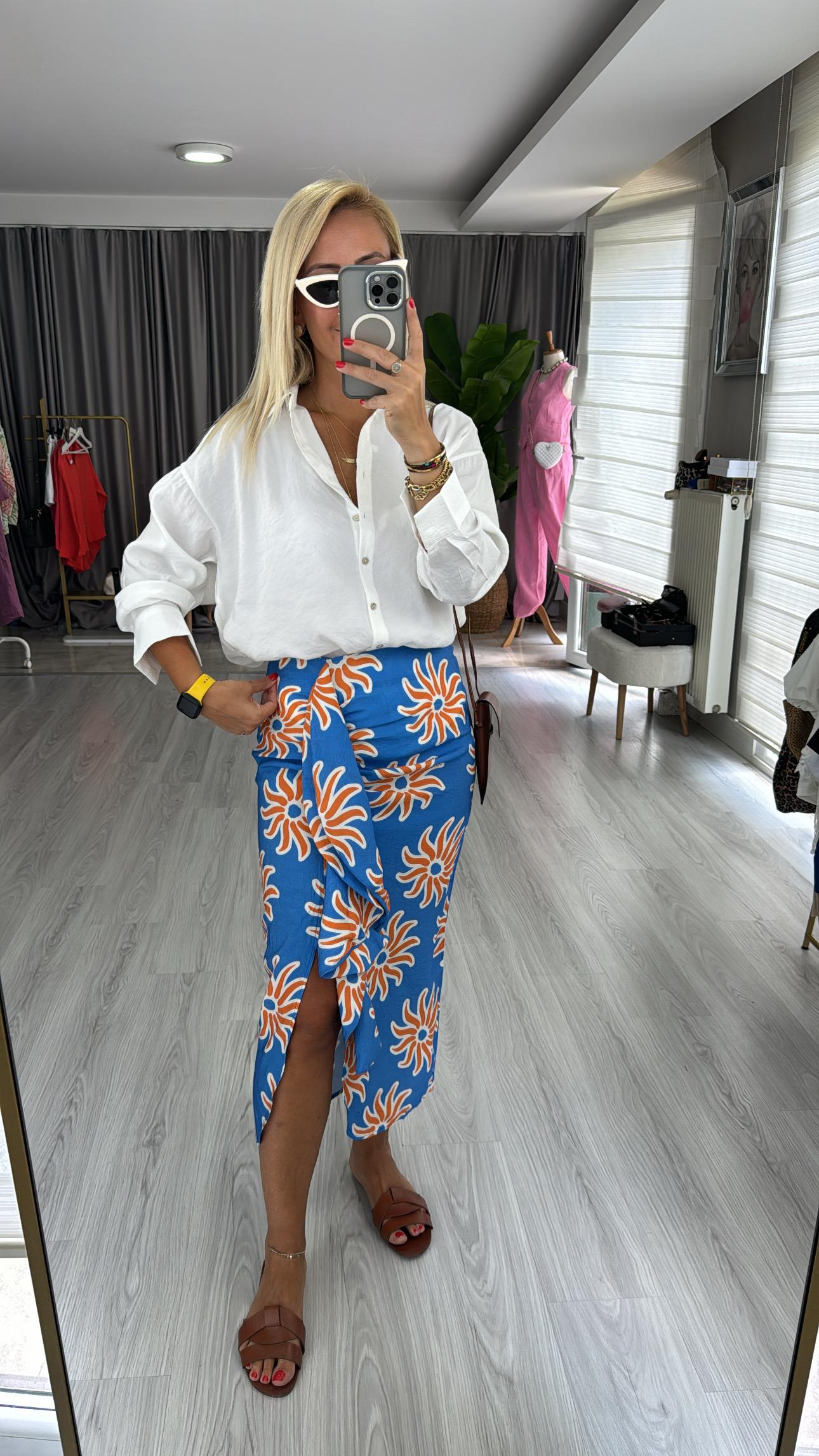 Fırfır Detaylı Mavi Midi Boy Etek