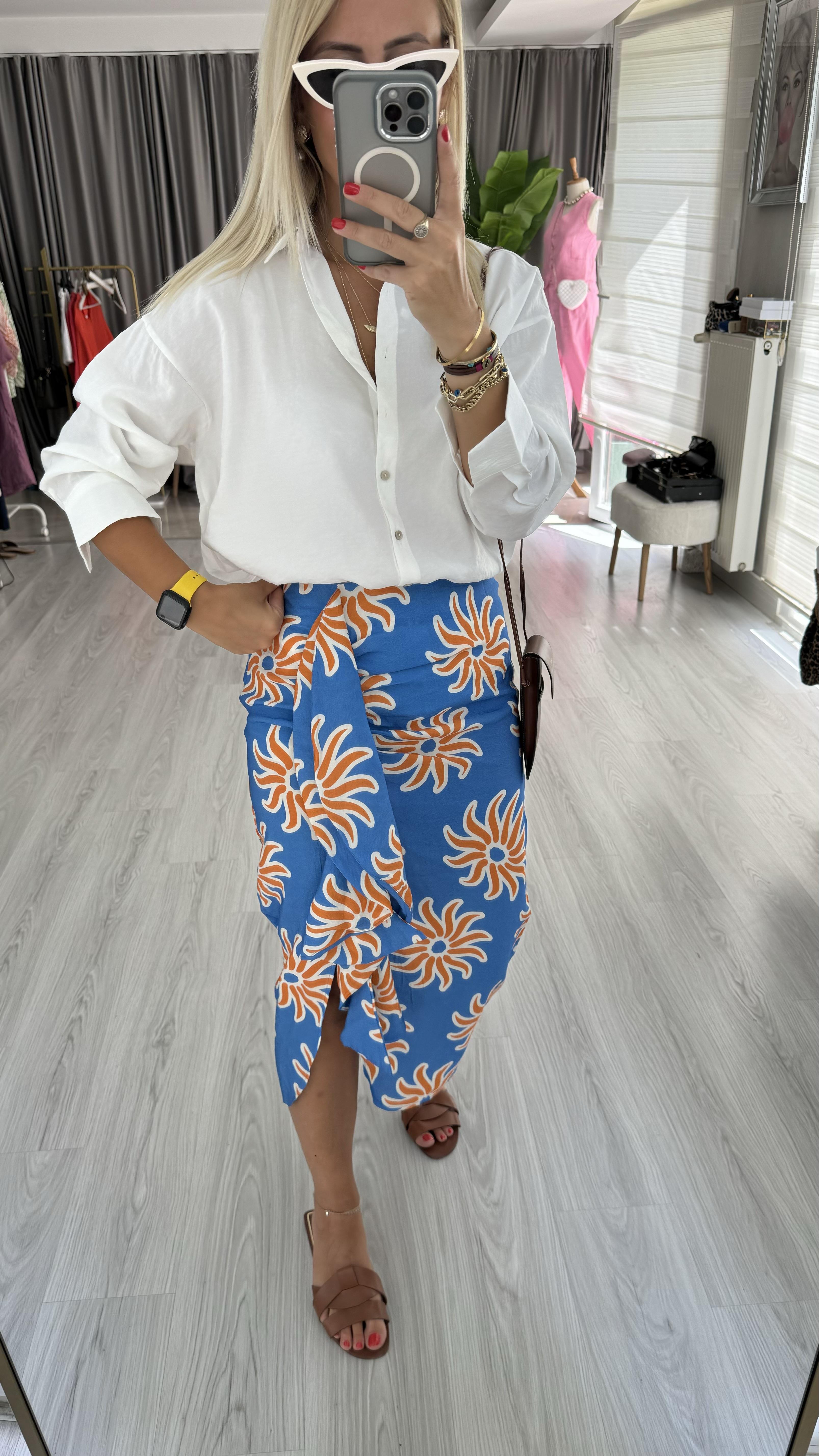 Fırfır Detaylı Mavi Midi Boy Etek