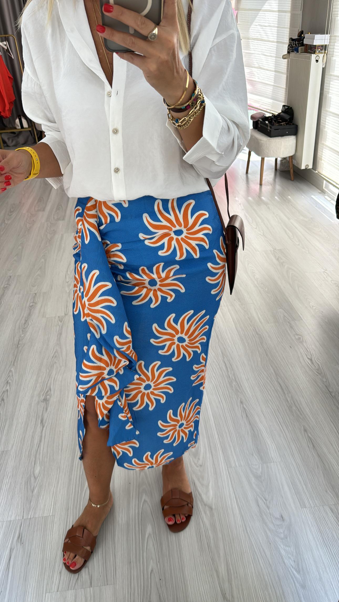 Fırfır Detaylı Mavi Midi Boy Etek