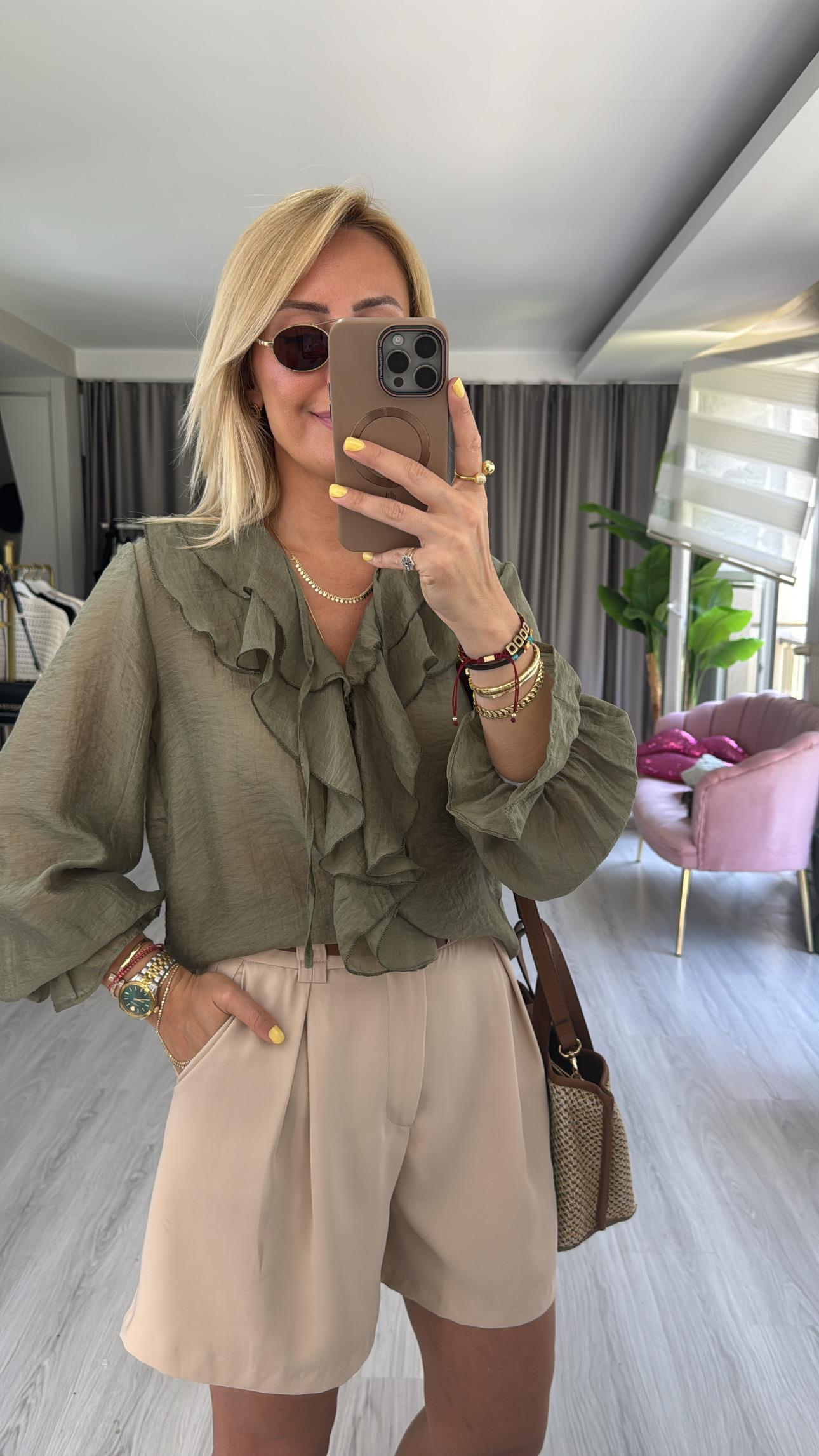 Fırfır Detaylı Haki Tencel Gömlek