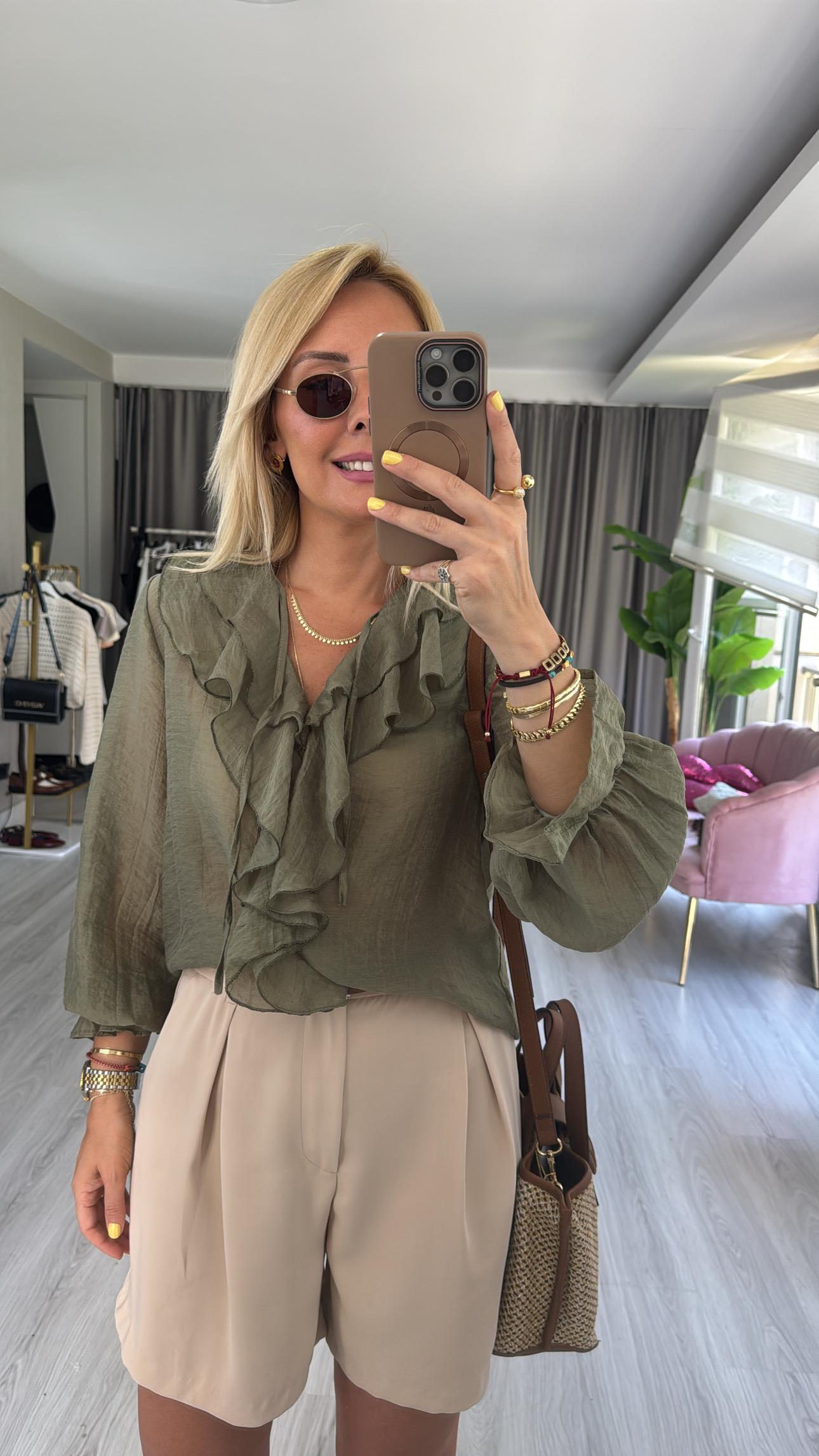 Fırfır Detaylı Haki Tencel Gömlek