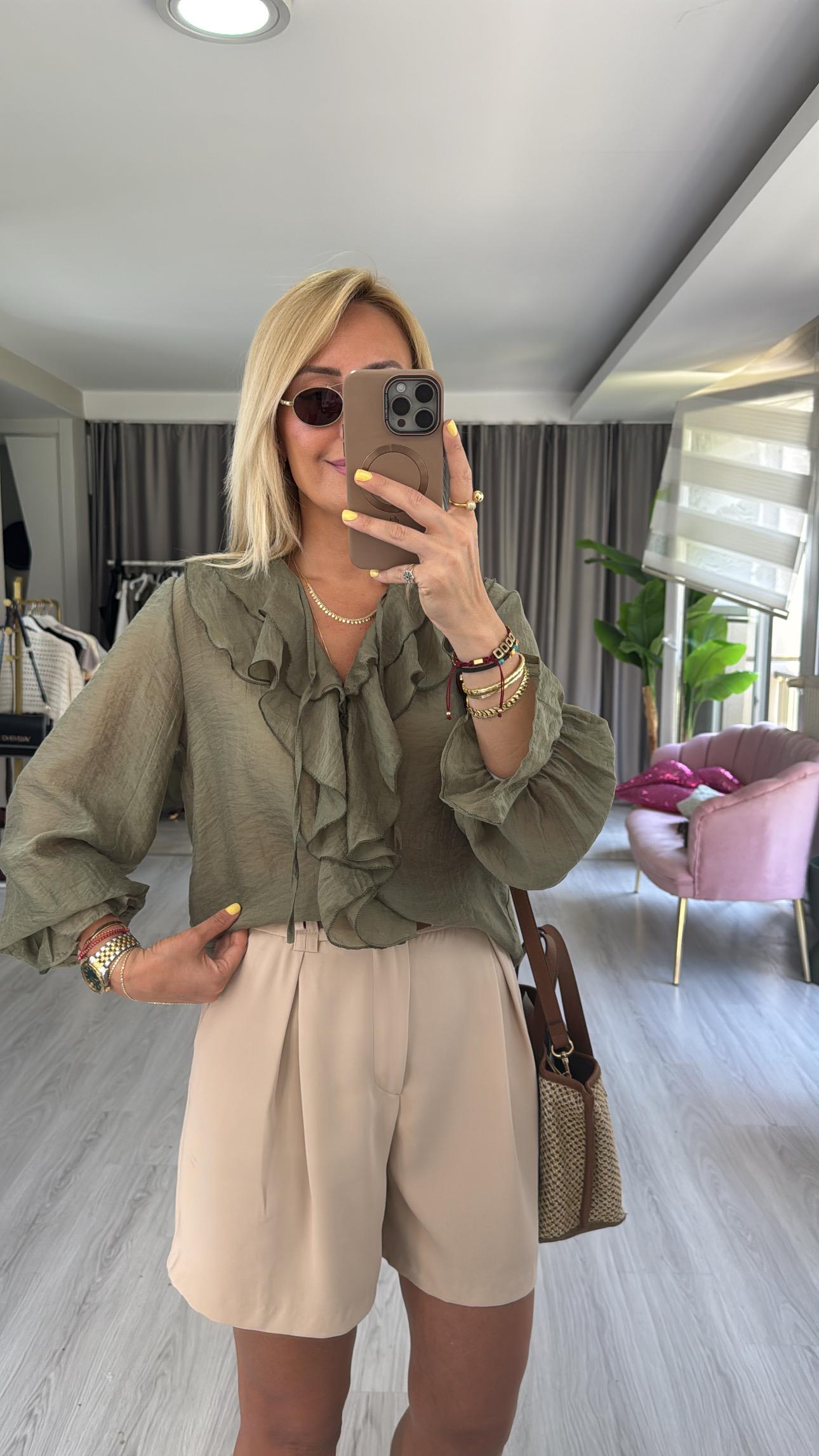 Fırfır Detaylı Haki Tencel Gömlek