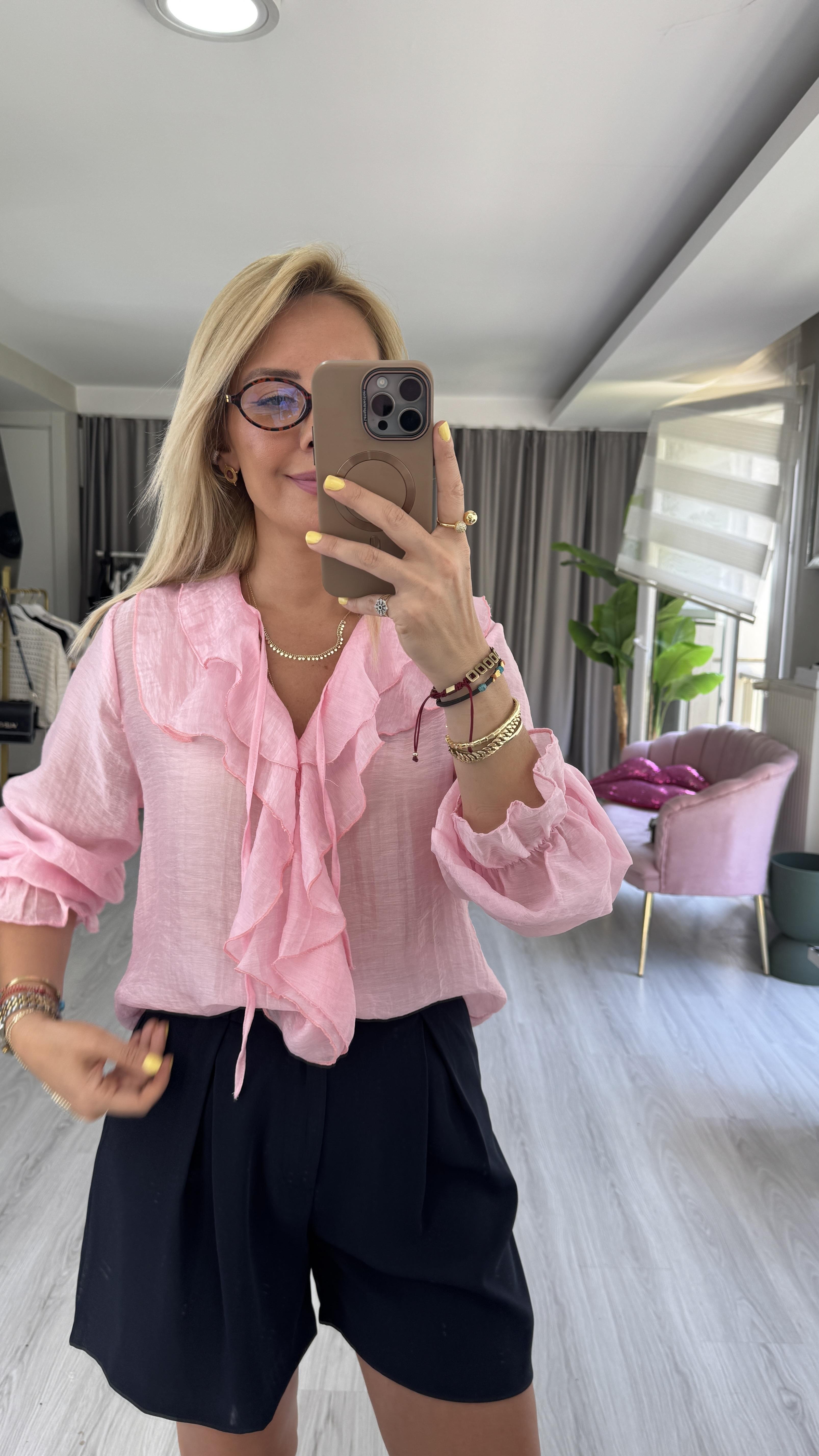 Fırfır Detaylı Pembe Tencel Gömlek