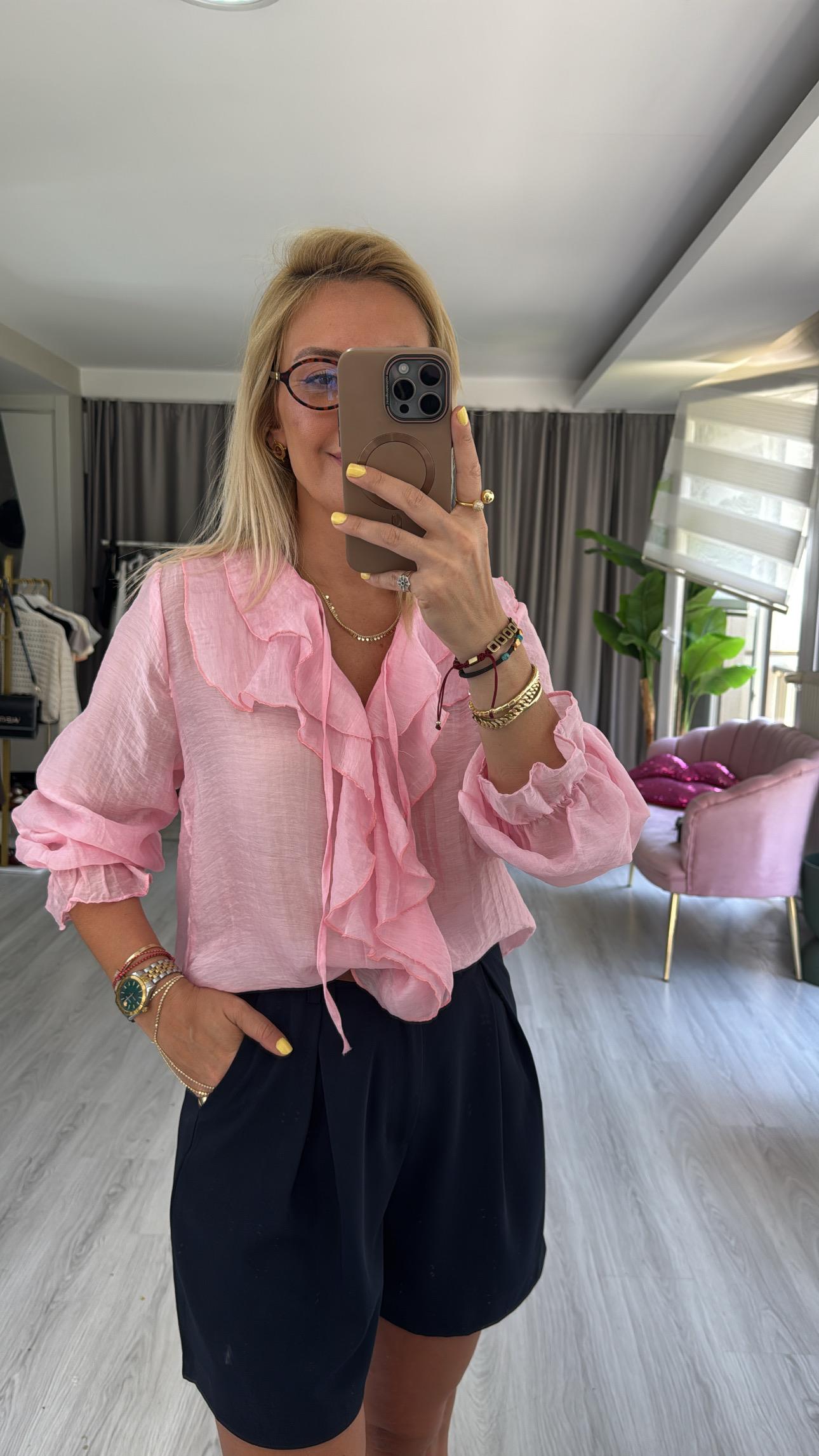 Fırfır Detaylı Pembe Tencel Gömlek