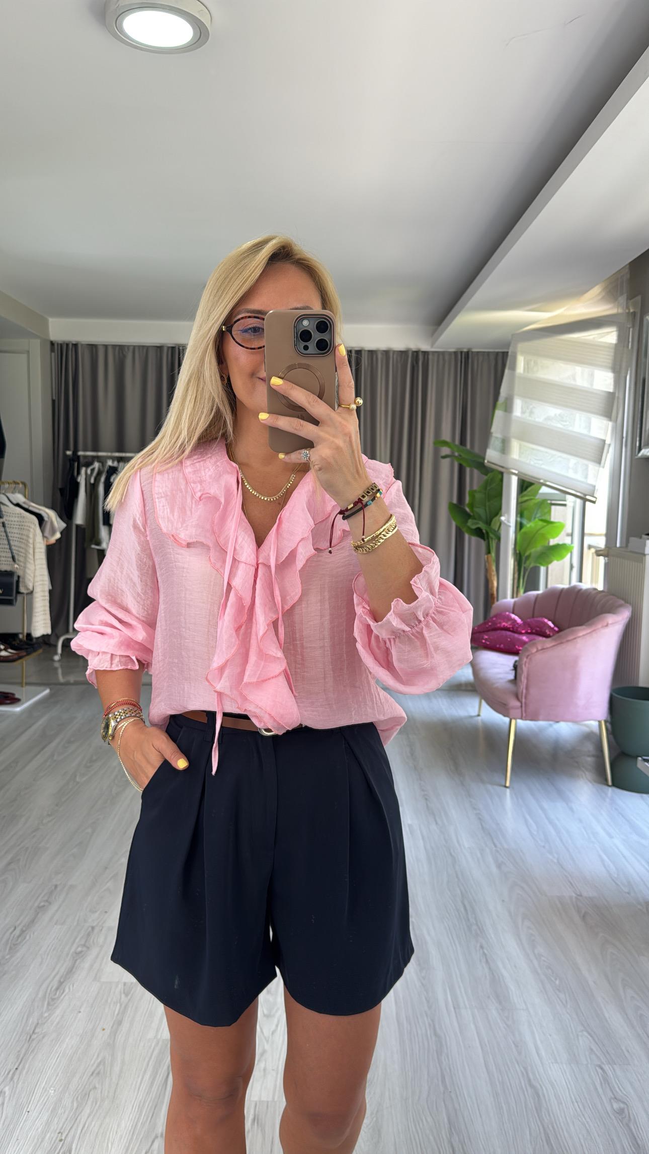 Fırfır Detaylı Pembe Tencel Gömlek