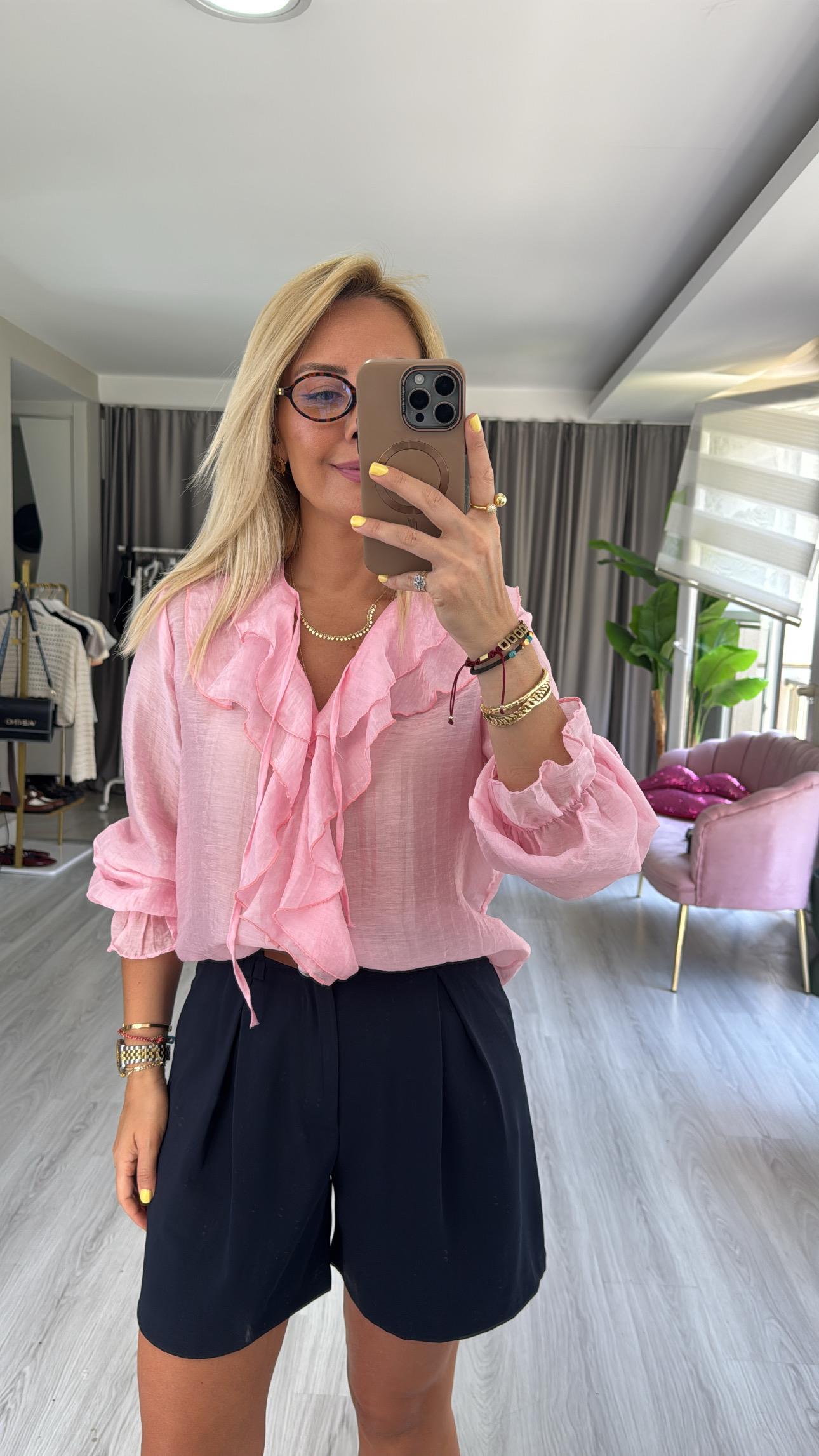 Fırfır Detaylı Pembe Tencel Gömlek