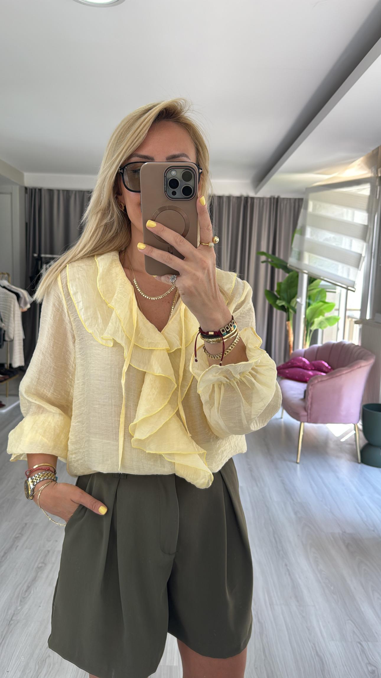 Fırfır Detaylı Sarı Tencel Gömlek