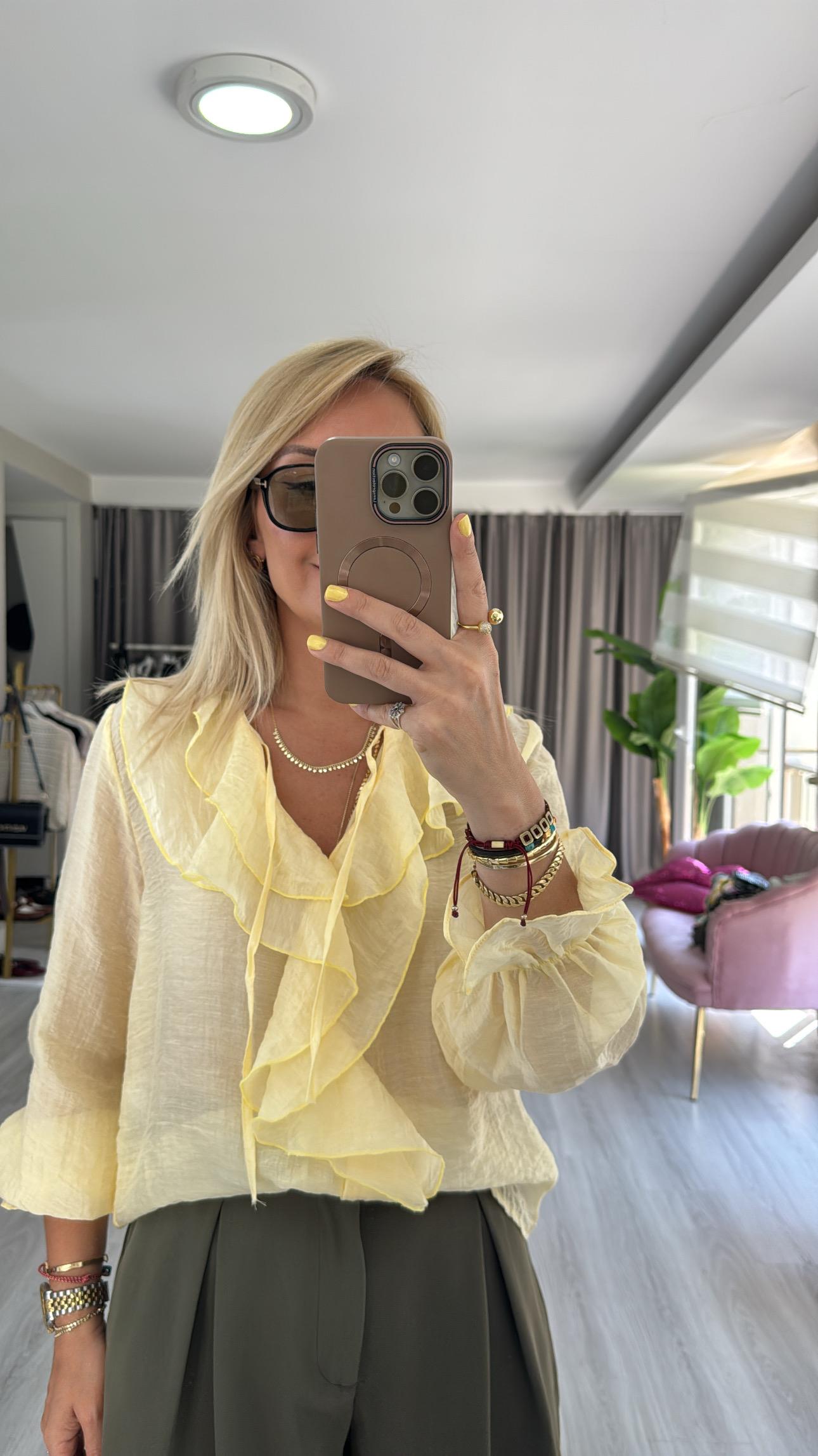 Fırfır Detaylı Sarı Tencel Gömlek